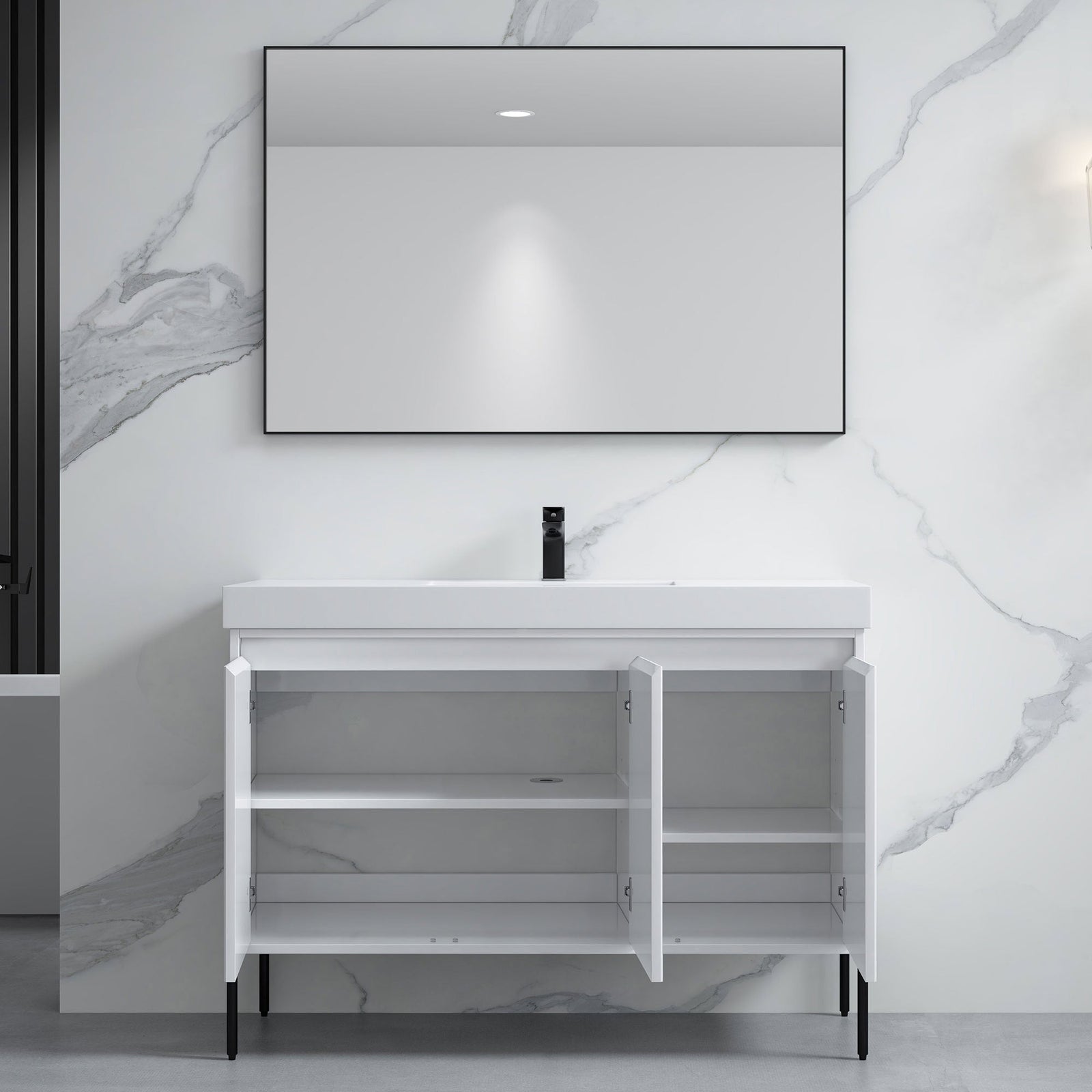 Dowell 48-Fluted Bathroom Vanity Set-(Assembled Cabinet Base with 3 Soft-Close Doors, Shelves & Ceramic/Resin Basin, Black/Golden Legs - 002 48 Series