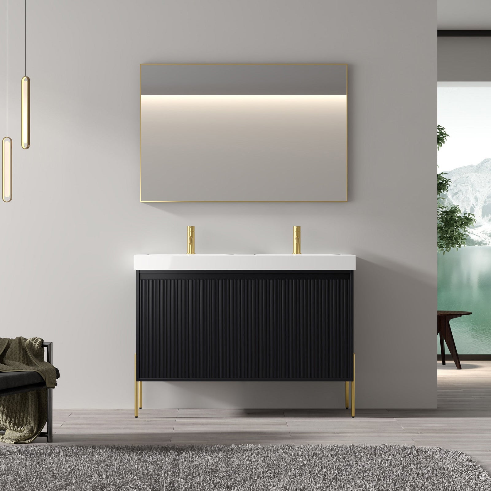 Dowell 48-Fluted Bathroom Vanity Set-(Assembled Cabinet Base with 3 Soft-Close Doors, Shelves & Ceramic/Resin Basin, Black/Golden Legs - 002 48 Series