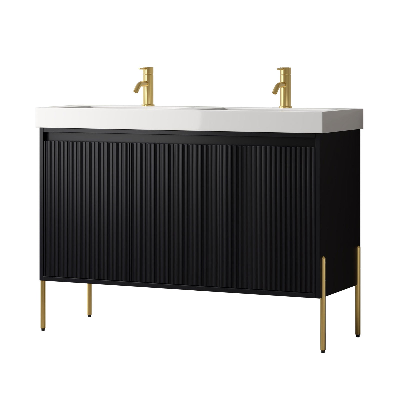 Dowell 48-Fluted Bathroom Vanity Set-(Assembled Cabinet Base with 3 Soft-Close Doors, Shelves & Ceramic/Resin Basin, Black/Golden Legs - 002 48 Series