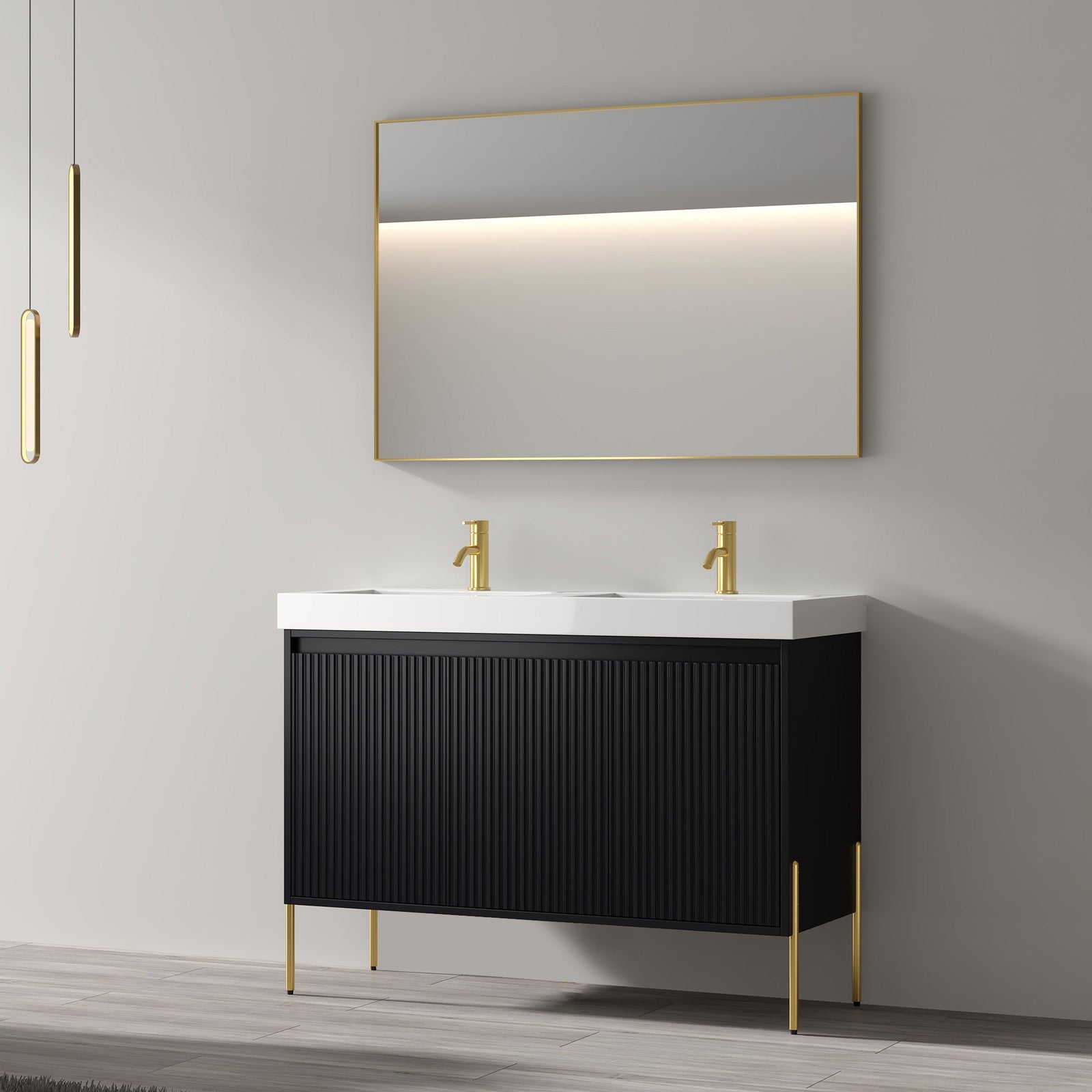 Dowell 48-Fluted Bathroom Vanity Set-(Assembled Cabinet Base with 3 Soft-Close Doors, Shelves & Ceramic/Resin Basin, Black/Golden Legs - 002 48 Series