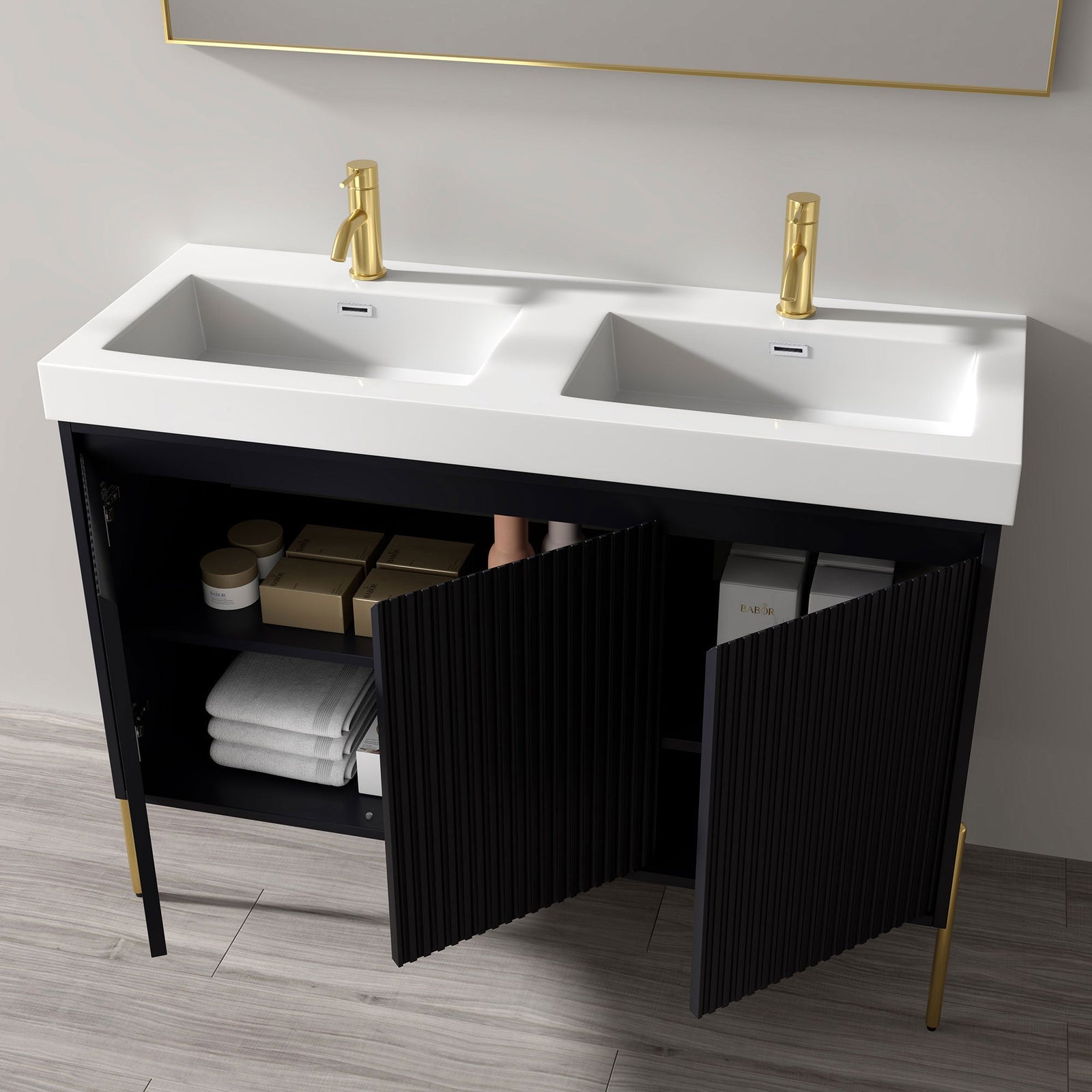 Dowell 48-Fluted Bathroom Vanity Set-(Assembled Cabinet Base with 3 Soft-Close Doors, Shelves & Ceramic/Resin Basin, Black/Golden Legs - 002 48 Series