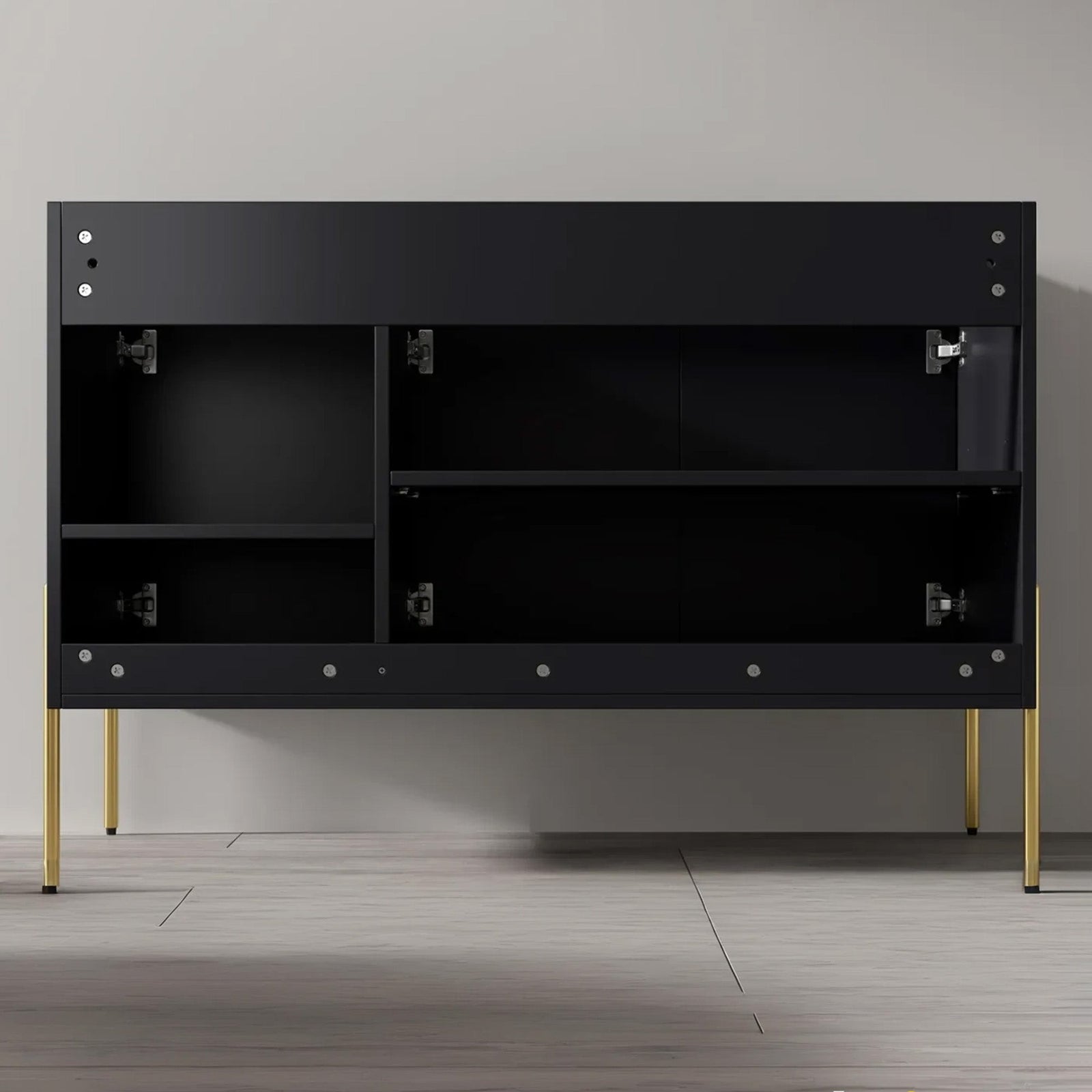 Dowell 48-Fluted Bathroom Vanity Set-(Assembled Cabinet Base with 3 Soft-Close Doors, Shelves & Ceramic/Resin Basin, Black/Golden Legs - 002 48 Series
