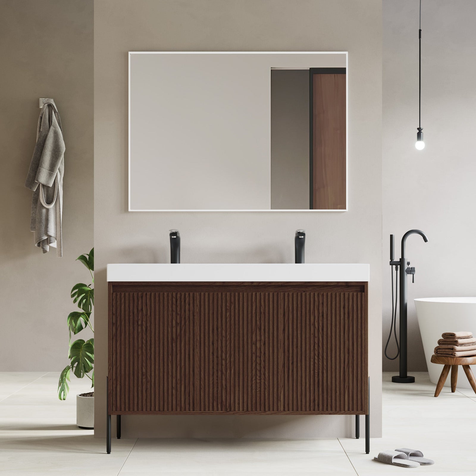 Dowell 48-Fluted Bathroom Vanity Set-(Assembled Cabinet Base with 3 Soft-Close Doors, Shelves & Ceramic/Resin Basin, Black/Golden Legs - 002 48 Series