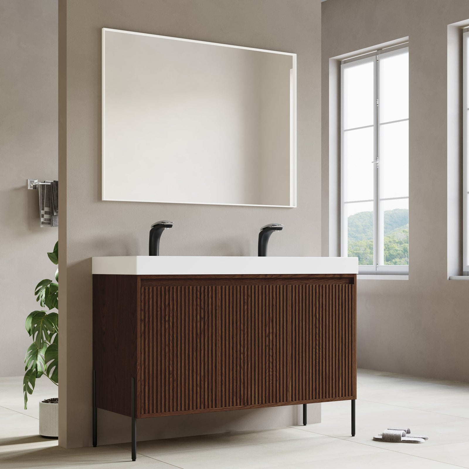 Dowell 48-Fluted Bathroom Vanity Set-(Assembled Cabinet Base with 3 Soft-Close Doors, Shelves & Ceramic/Resin Basin, Black/Golden Legs - 002 48 Series