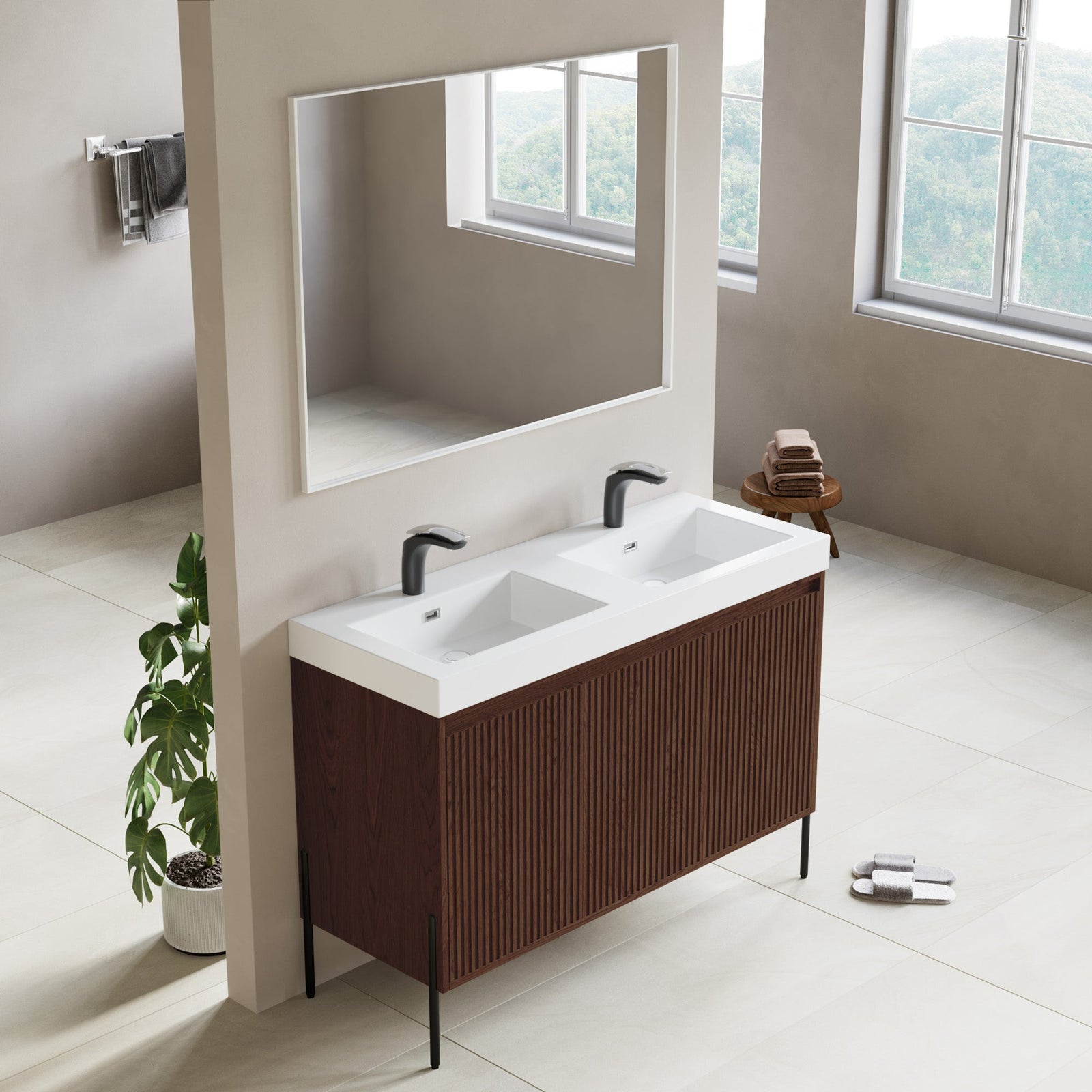 Dowell 48-Fluted Bathroom Vanity Set-(Assembled Cabinet Base with 3 Soft-Close Doors, Shelves & Ceramic/Resin Basin, Black/Golden Legs - 002 48 Series