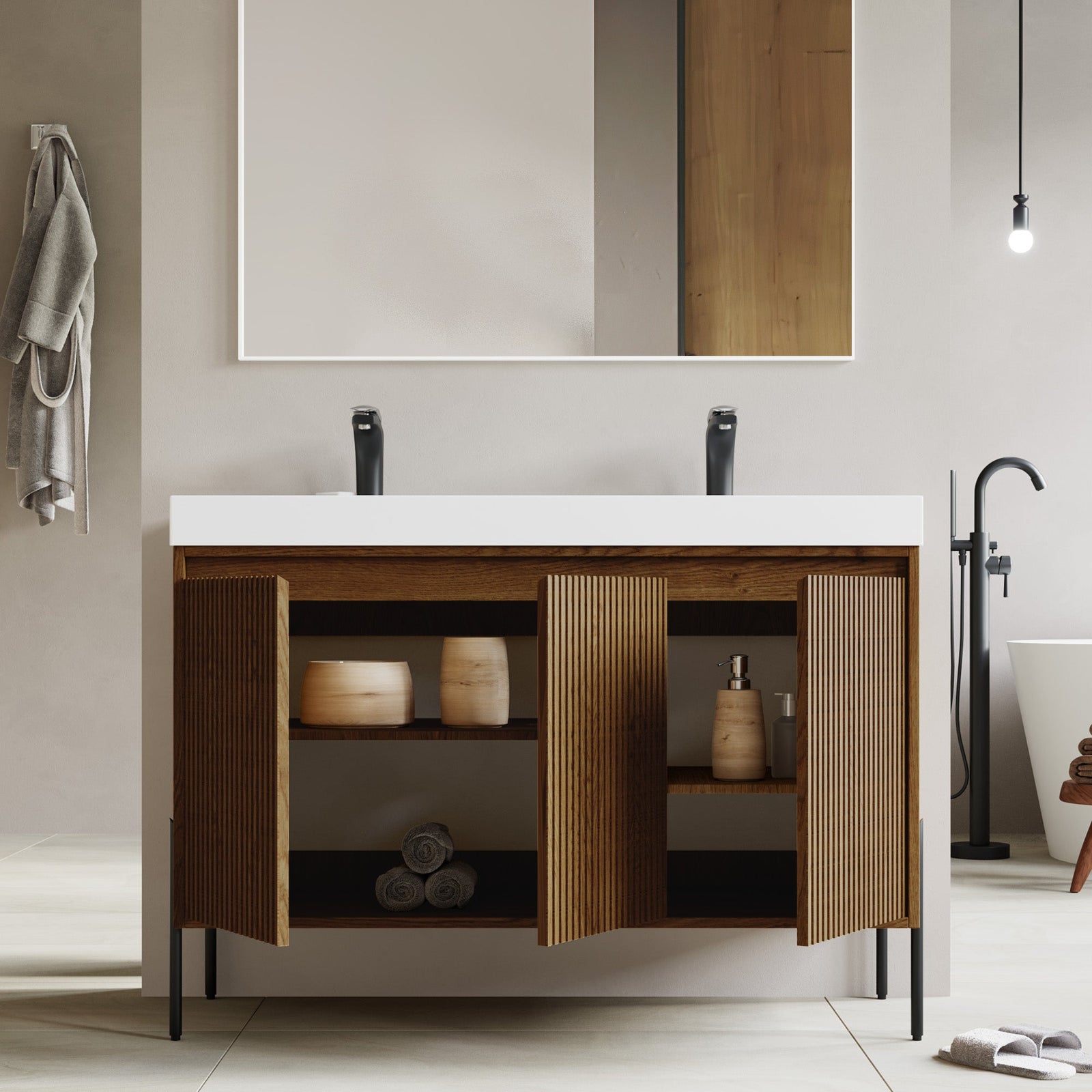 Dowell 48-Fluted Bathroom Vanity Set-(Assembled Cabinet Base with 3 Soft-Close Doors, Shelves & Ceramic/Resin Basin, Black/Golden Legs - 002 48 Series