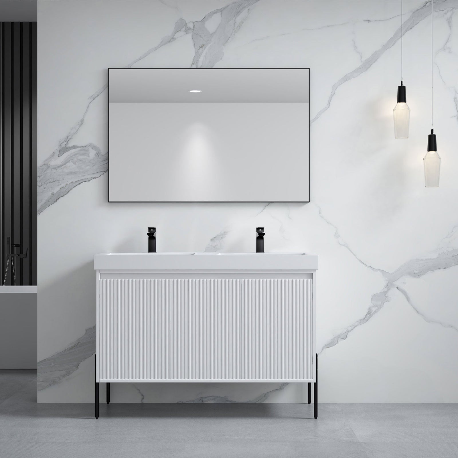 Dowell 48-Fluted Bathroom Vanity Set-(Assembled Cabinet Base with 3 Soft-Close Doors, Shelves & Ceramic/Resin Basin, Black/Golden Legs - 002 48 Series