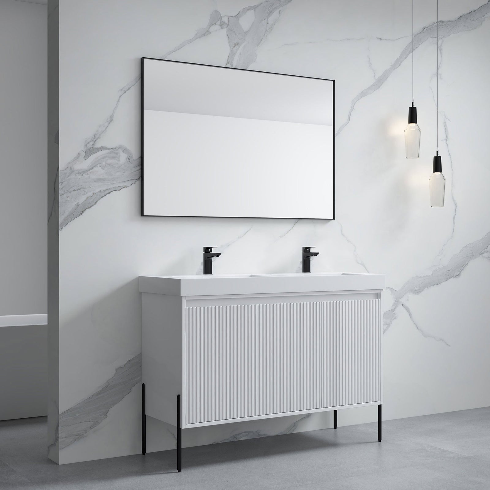 Dowell 48-Fluted Bathroom Vanity Set-(Assembled Cabinet Base with 3 Soft-Close Doors, Shelves & Ceramic/Resin Basin, Black/Golden Legs - 002 48 Series
