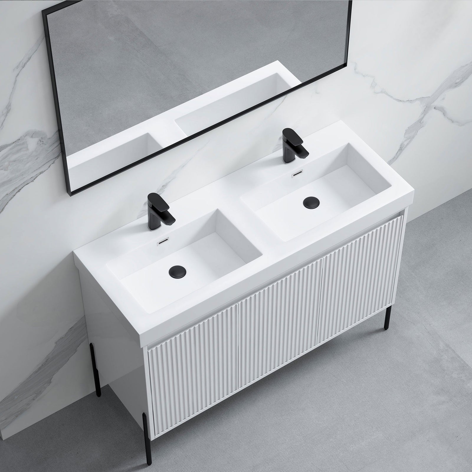 Dowell 48-Fluted Bathroom Vanity Set-(Assembled Cabinet Base with 3 Soft-Close Doors, Shelves & Ceramic/Resin Basin, Black/Golden Legs - 002 48 Series