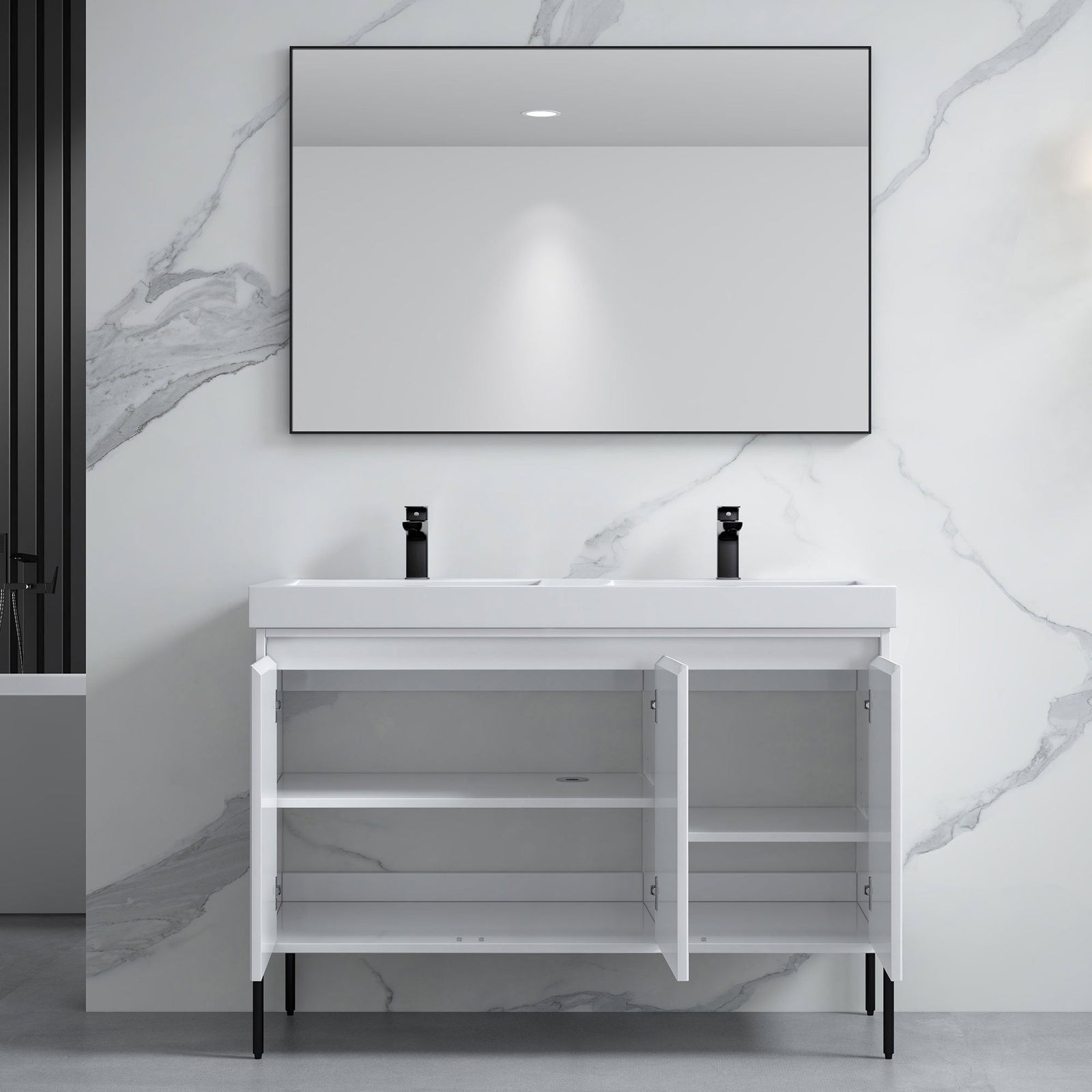 Dowell 48-Fluted Bathroom Vanity Set-(Assembled Cabinet Base with 3 Soft-Close Doors, Shelves & Ceramic/Resin Basin, Black/Golden Legs - 002 48 Series