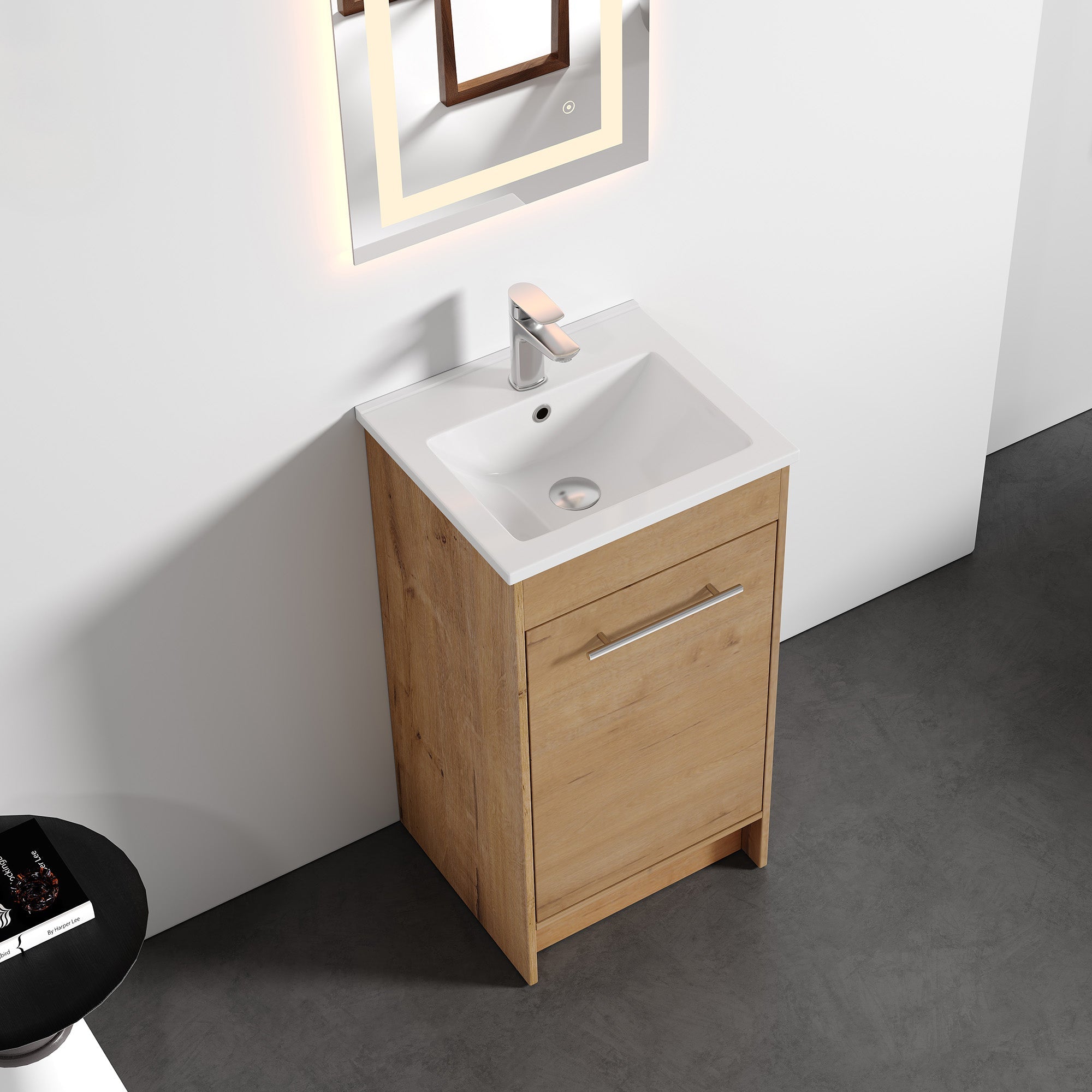 Dowell 18"  Unassembled Freestanding Bathroom Vanity Kit with White Ceramic Basin -  One or Two Soft-Close Doors, One Shelf - 012 Series - Oak Natural