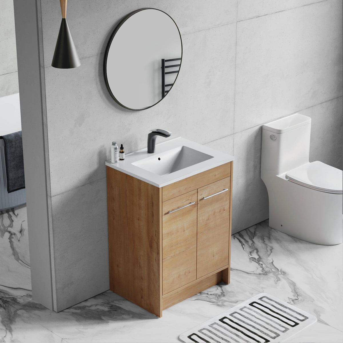 Dowell 24¡°(Unassembled Freestanding Bathroom Vanity Kit with White Ceramic Basin -  One or Two Soft-Close Doors, One Shelf - 012 Series - Oak Natural