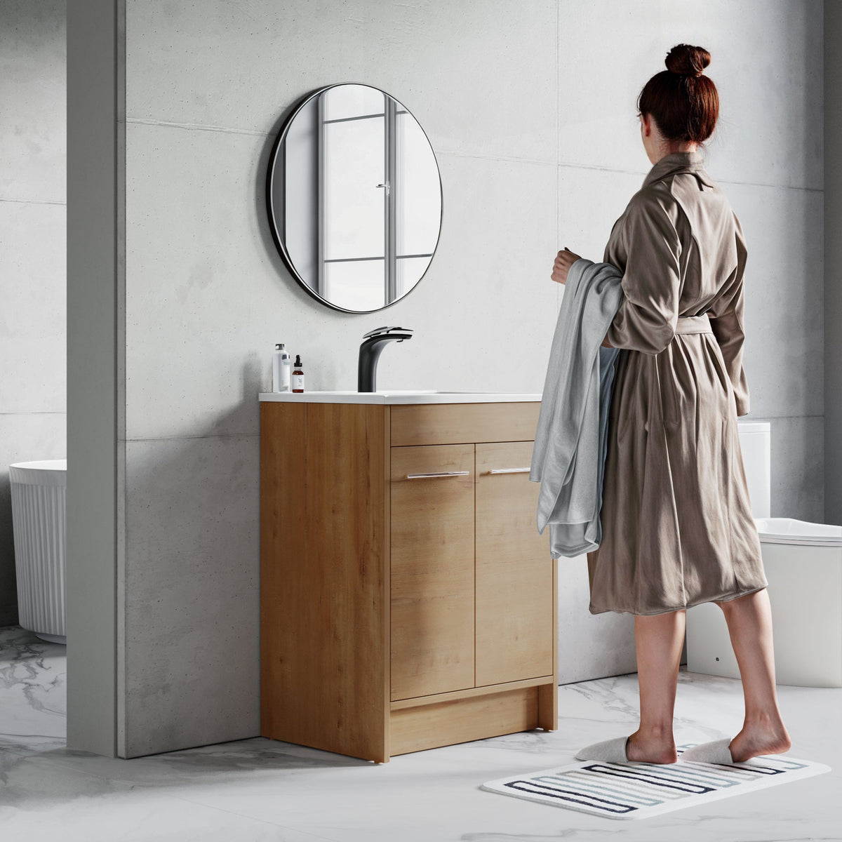 Dowell 24¡°(Unassembled Freestanding Bathroom Vanity Kit with White Ceramic Basin -  One or Two Soft-Close Doors, One Shelf - 012 Series - Oak Natural
