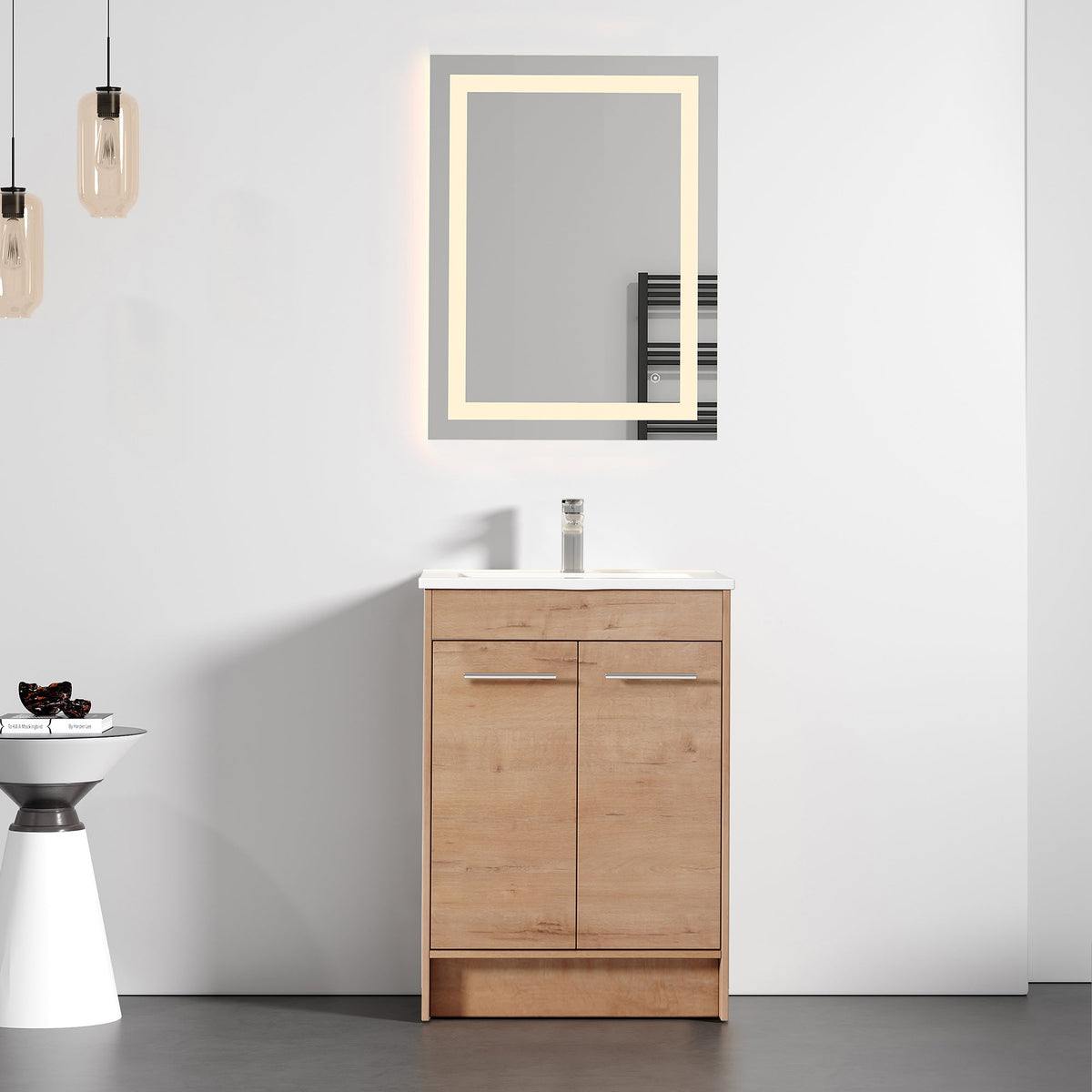 Dowell 24¡°(Unassembled Freestanding Bathroom Vanity Kit with White Ceramic Basin -  One or Two Soft-Close Doors, One Shelf - 012 Series - Oak Natural