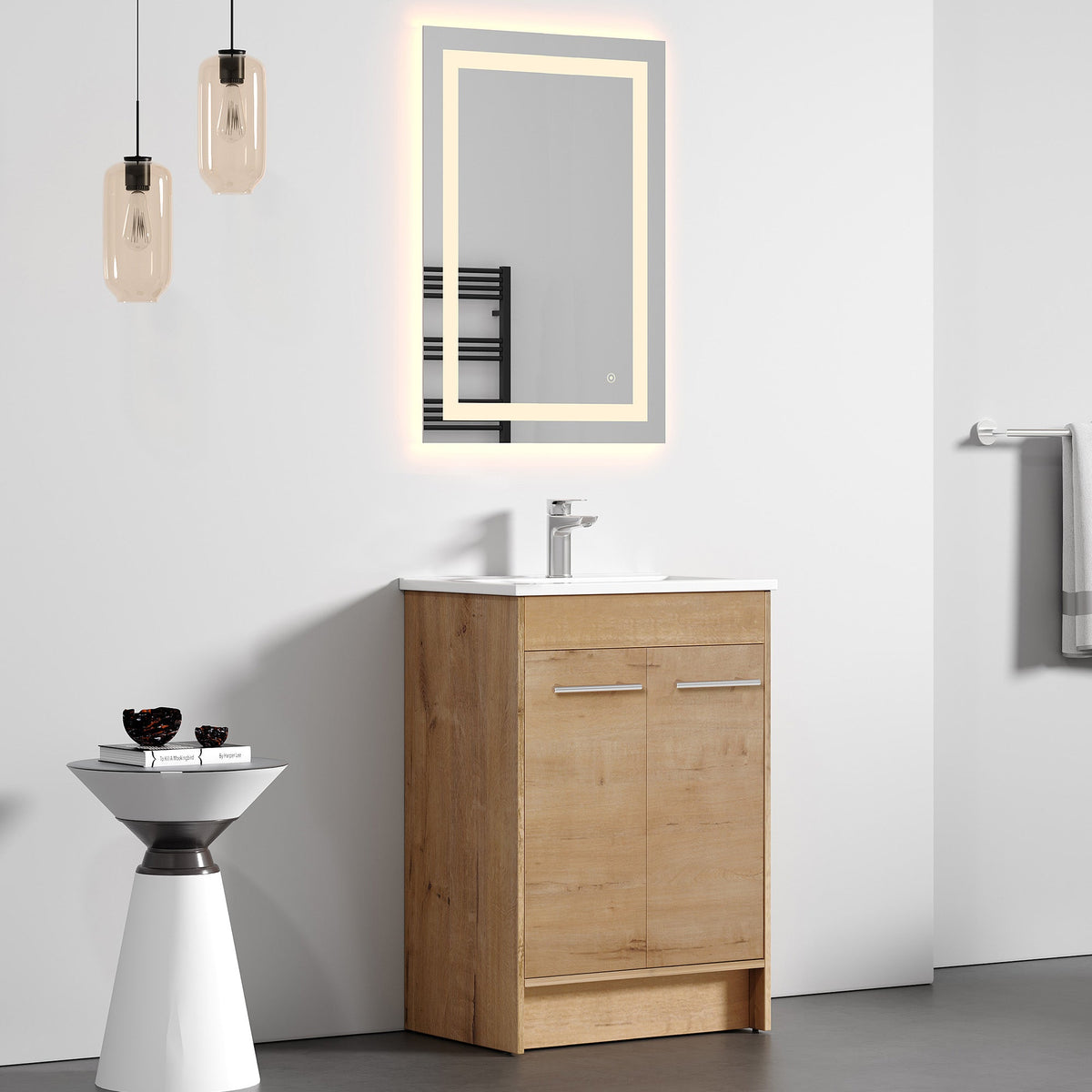 Dowell 24¡°(Unassembled Freestanding Bathroom Vanity Kit with White Ceramic Basin -  One or Two Soft-Close Doors, One Shelf - 012 Series - Oak Natural