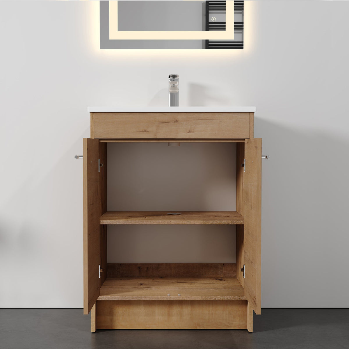 Dowell 24¡°(Unassembled Freestanding Bathroom Vanity Kit with White Ceramic Basin -  One or Two Soft-Close Doors, One Shelf - 012 Series - Oak Natural