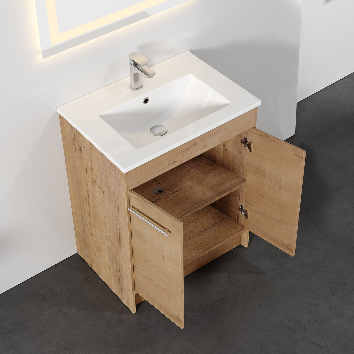 Dowell 24¡°(Unassembled Freestanding Bathroom Vanity Kit with White Ceramic Basin -  One or Two Soft-Close Doors, One Shelf - 012 Series - Oak Natural