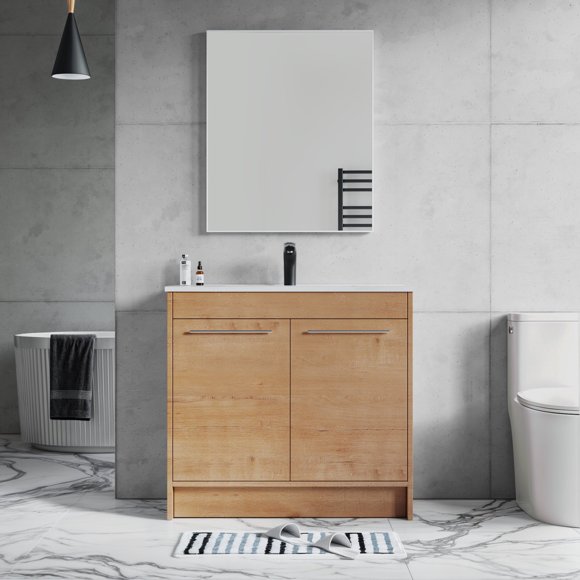Dowell 36" Unassembled Freestanding Bathroom Vanity Kit with White Ceramic Basin -  One or Two Soft-Close Doors, One Shelf - 012 Series - Oak Natural