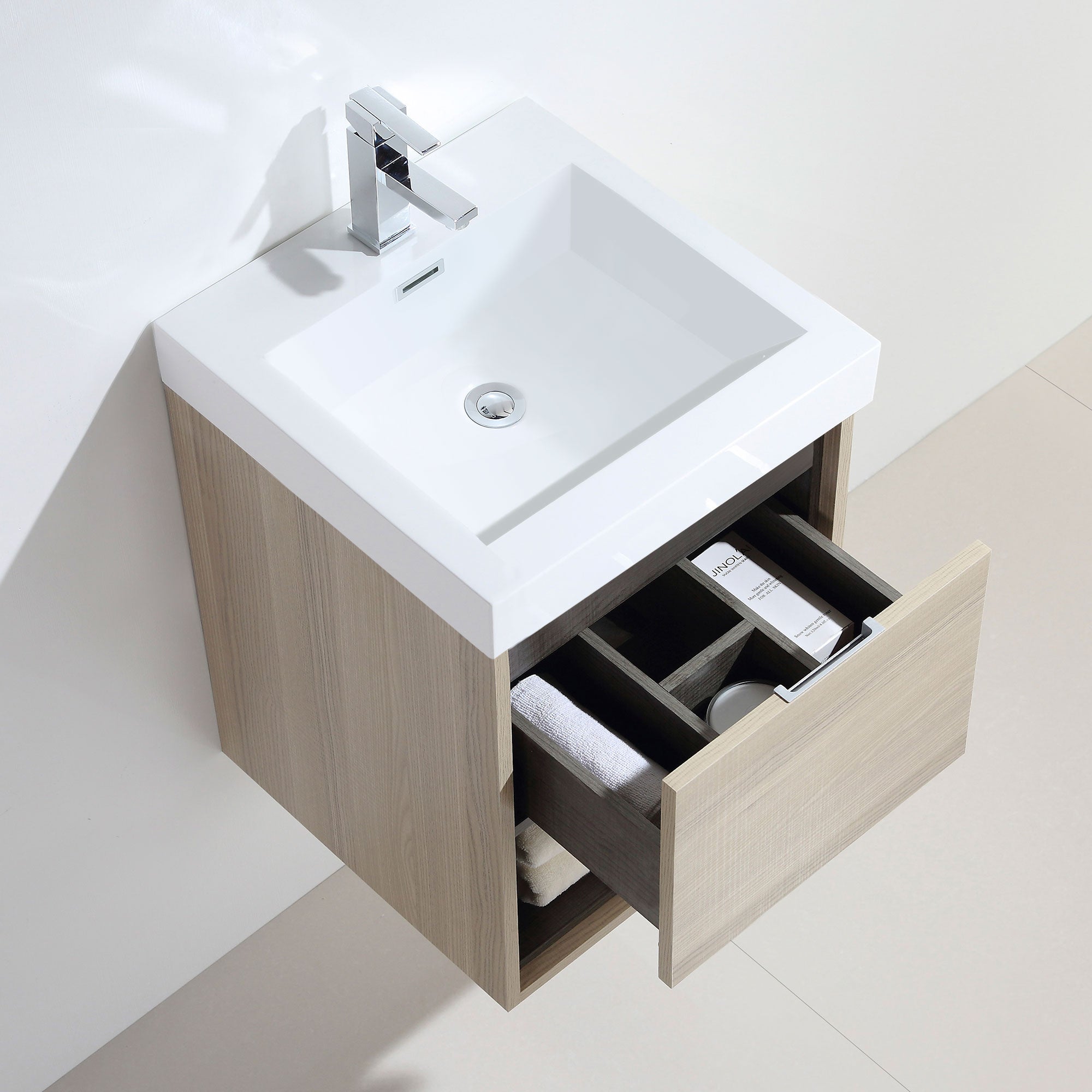 Dowell 18" Wall-Mounted Bathroom Vanity with Single Basin ¡°( One Soft-Close Drawer, One Open Shelf - 015 Series - Grey Ashtree