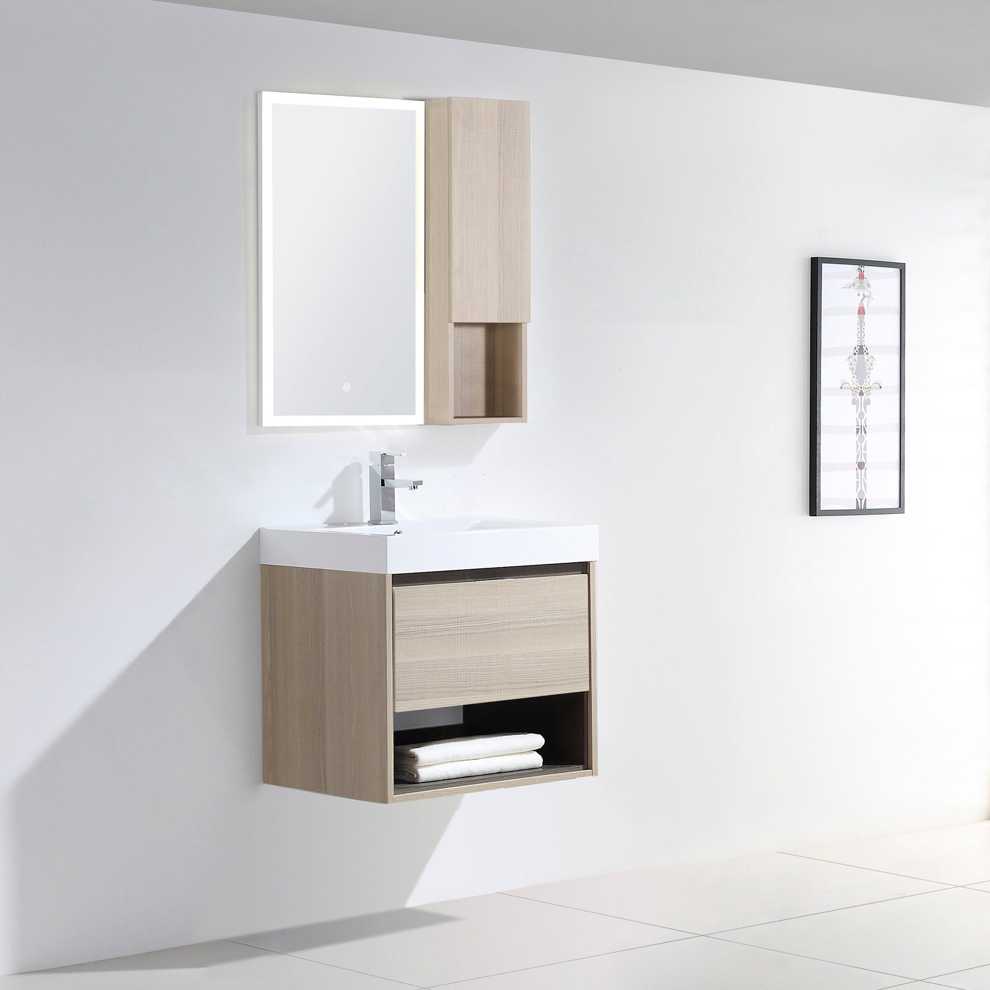 Dowell 24" Wall-Mounted Bathroom Vanity with Single Basin ¡°( One Soft-Close Drawer, One Open Shelf - 015 Series - Grey Ashtree