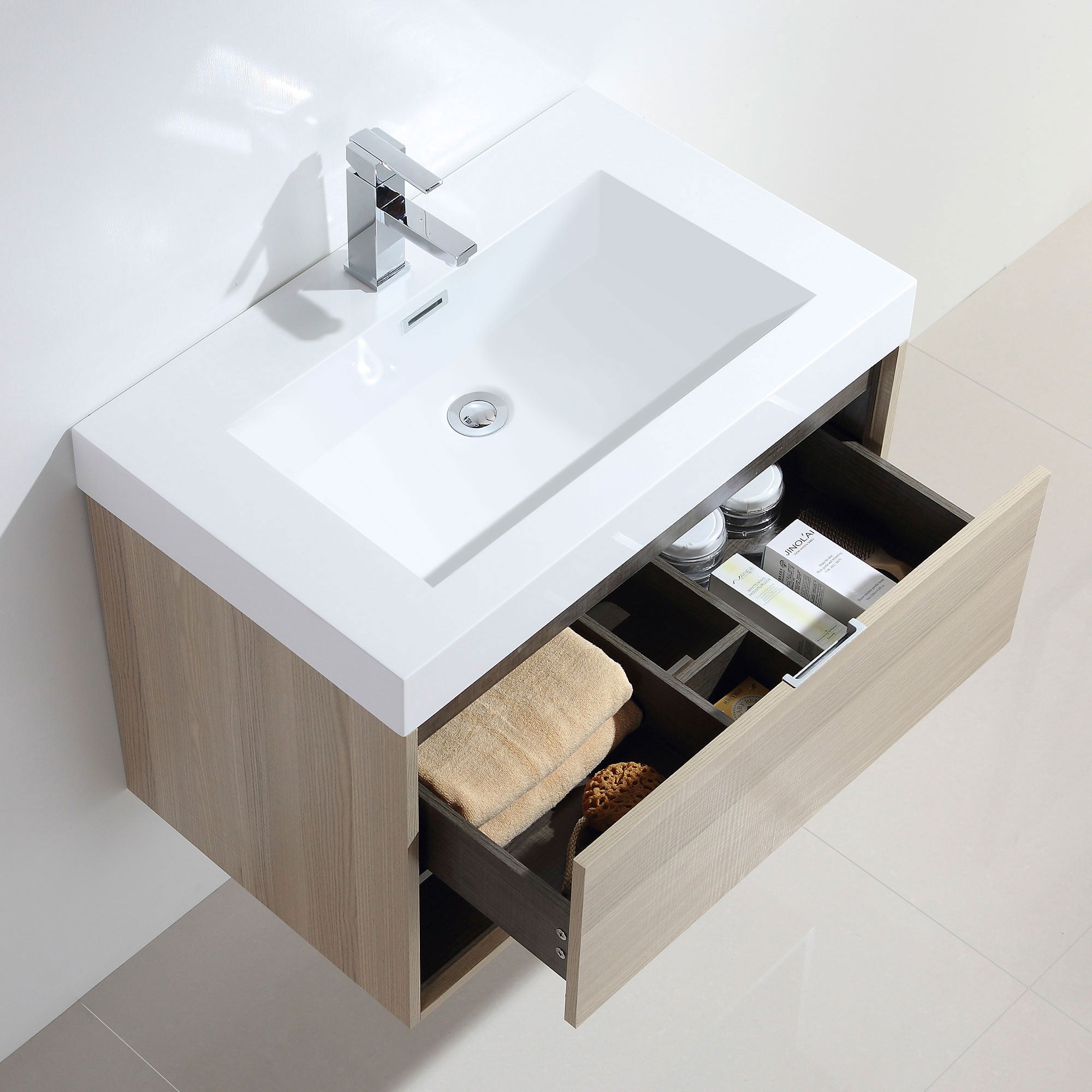 Dowell 30" Wall-Mounted Bathroom Vanity with Single Basin ¡°( One Soft-Close Drawer, One Open Shelf - 015 Series - Grey Ashtree