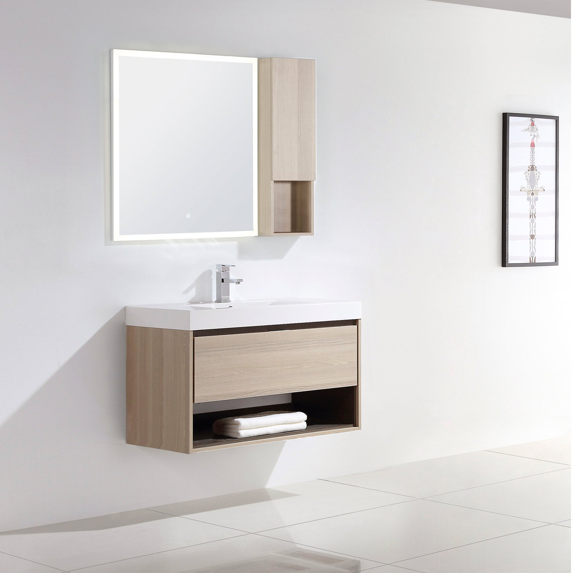 Dowell 36" Wall-Mounted Bathroom Vanity with Single Basin ¡°( One Soft-Close Drawer, One Open Shelf - 015 Series - Grey Ashtree