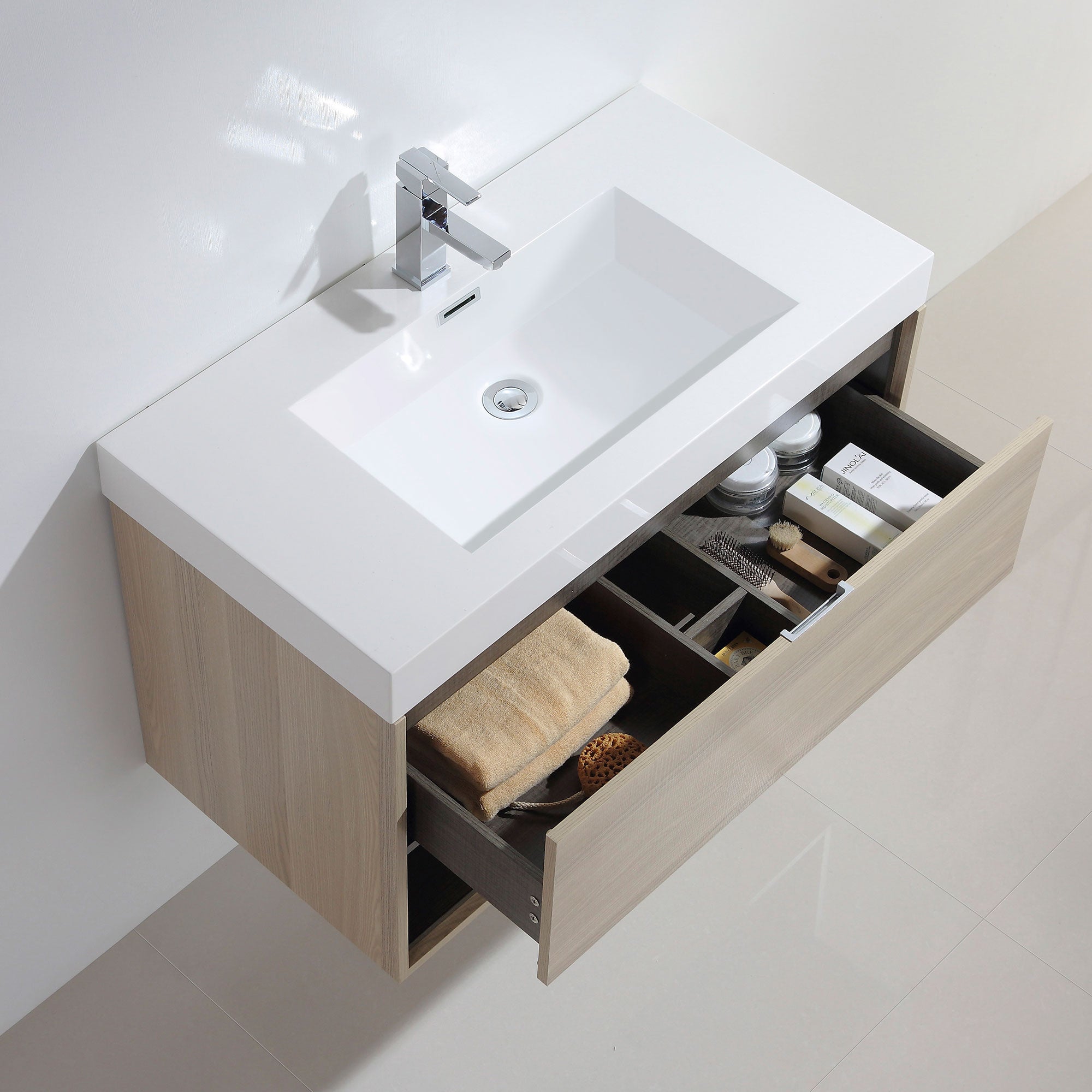 Dowell 36" Wall-Mounted Bathroom Vanity with Single Basin ¡°( One Soft-Close Drawer, One Open Shelf - 015 Series - Grey Ashtree