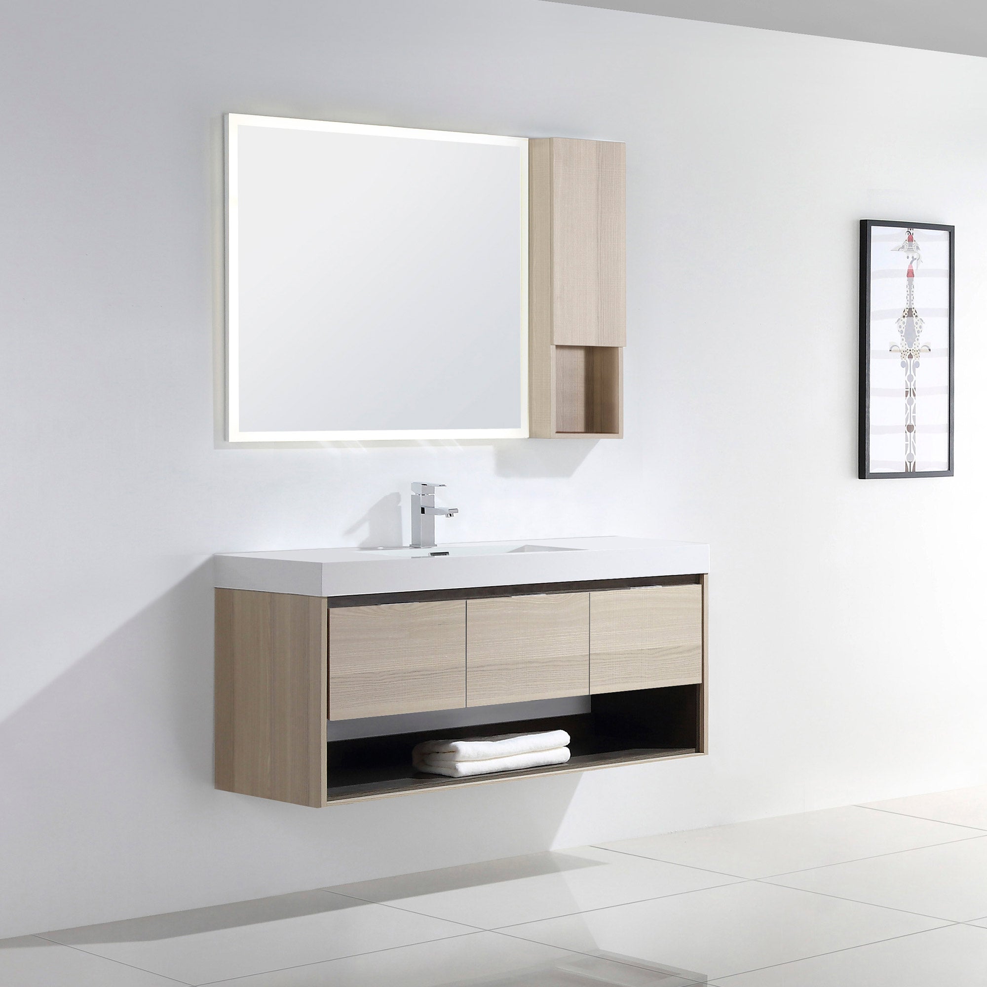 Dowell 48" Wall-Mounted Bathroom Vanity with Single Basin ¡°( One Soft-Close Drawer, One Open Shelf - 015 Series - Grey Ashtree