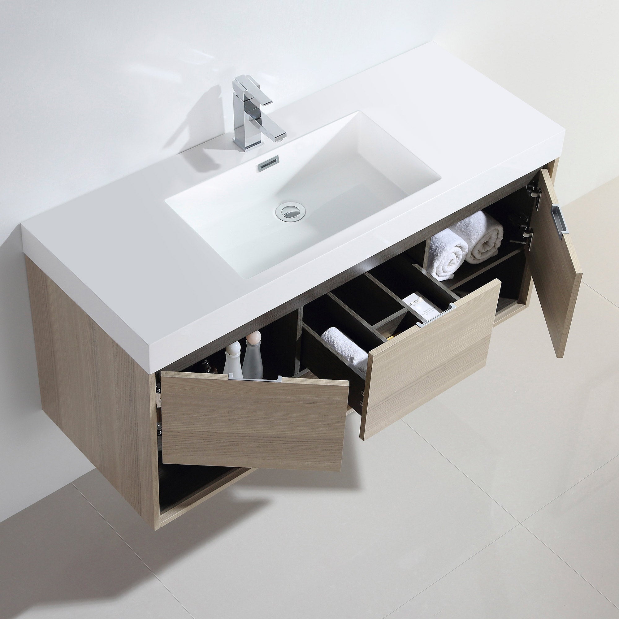 Dowell 48" Wall-Mounted Bathroom Vanity with Single Basin ¡°( One Soft-Close Drawer, One Open Shelf - 015 Series - Grey Ashtree