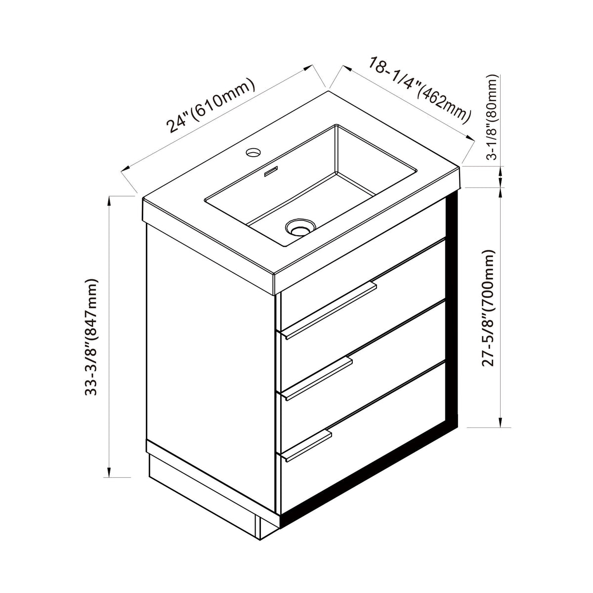 Dowell 24¡°(Single Bathroom Vanity Set- Freestanding Glossy White Vanity with Black Accents,Matte Black Resin Basin,Three Soft-Close Drawers - 024 Series