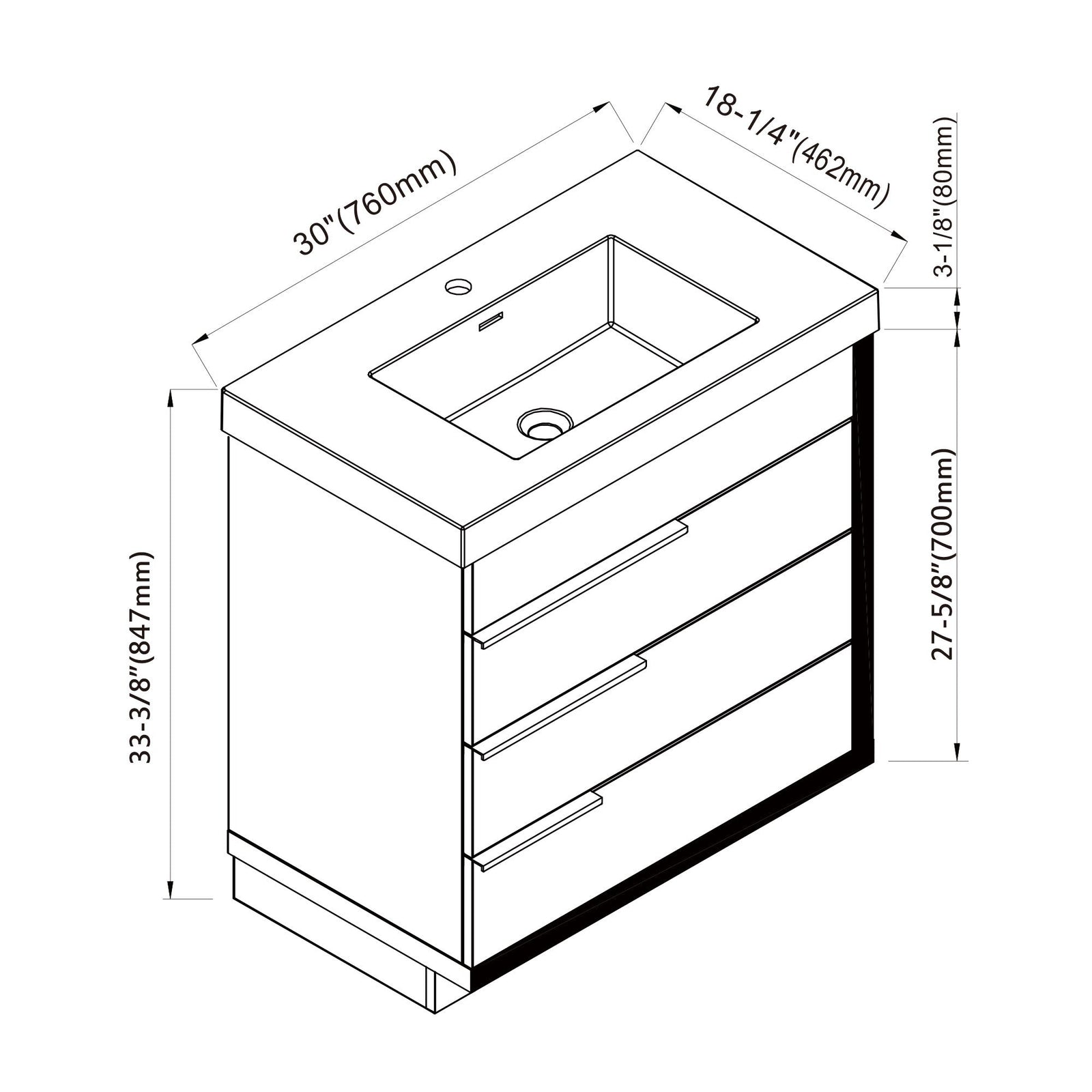 Dowell 30¡°(Single Bathroom Vanity Set- Freestanding Glossy White Vanity with Black Accents,Matte Black Resin Basin,Three Soft-Close Drawers - 024 Series
