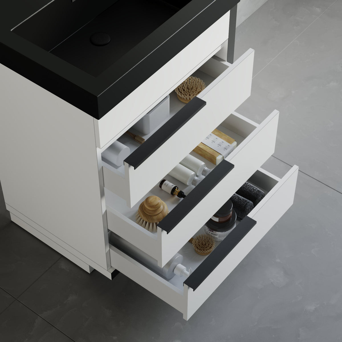Dowell 24¡°(Single Bathroom Vanity Set- Freestanding Glossy White Vanity with Black Accents,Matte Black Resin Basin,Three Soft-Close Drawers - 024 Series