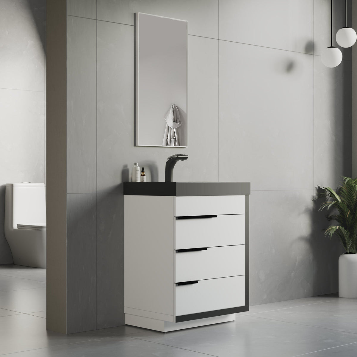 Dowell 24¡°(Single Bathroom Vanity Set- Freestanding Glossy White Vanity with Black Accents,Matte Black Resin Basin,Three Soft-Close Drawers - 024 Series