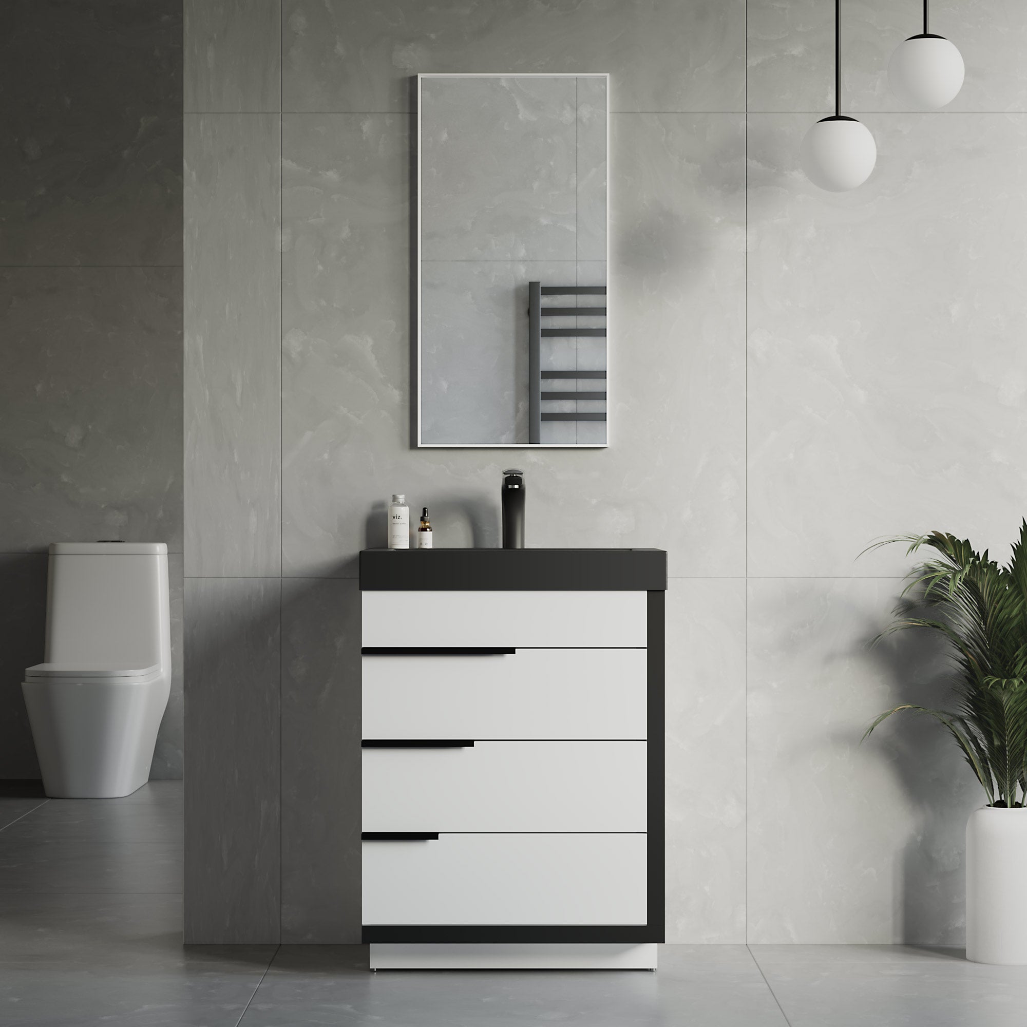 Dowell 24¡°(Single Bathroom Vanity Set- Freestanding Glossy White Vanity with Black Accents,Matte Black Resin Basin,Three Soft-Close Drawers - 024 Series