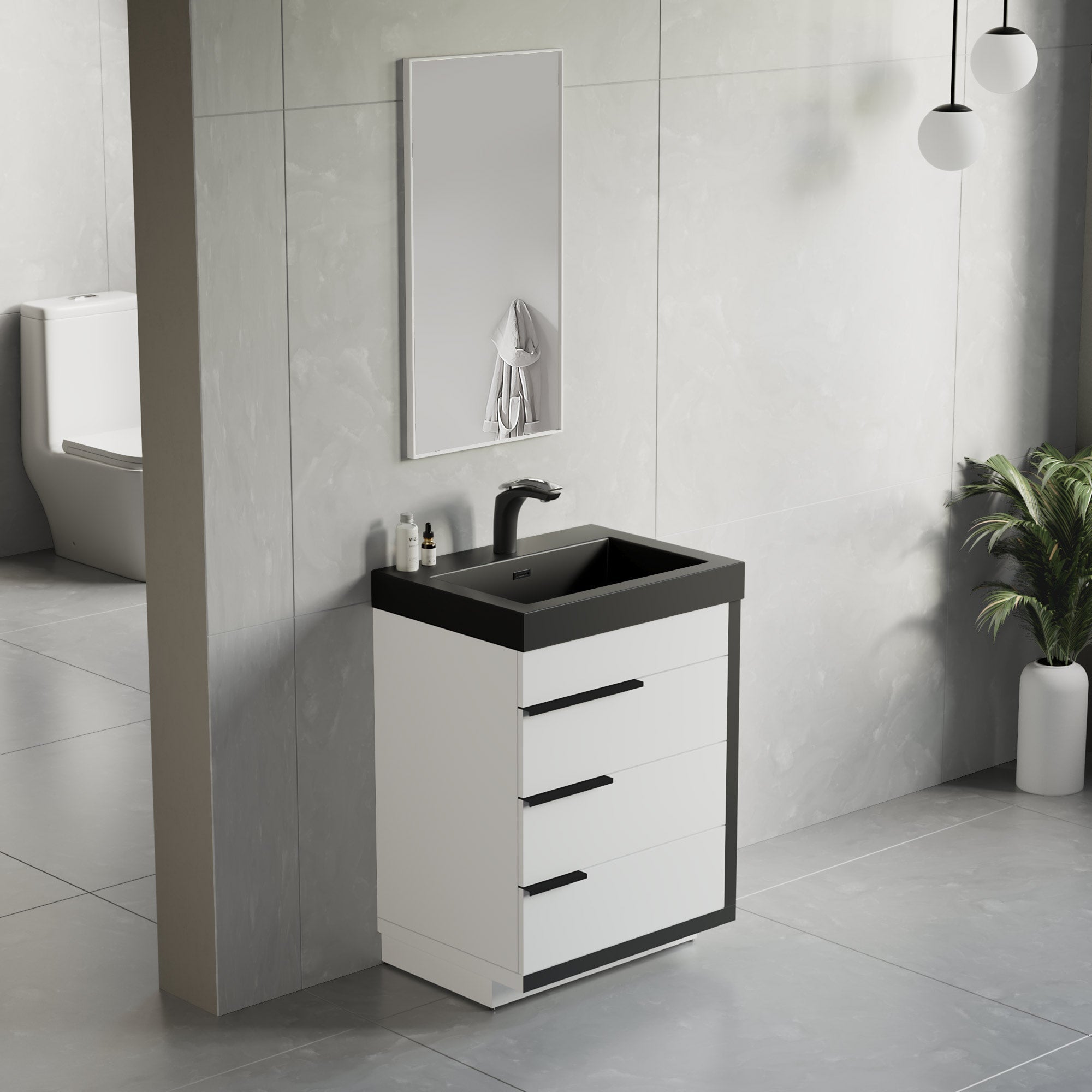 Dowell 24¡°(Single Bathroom Vanity Set- Freestanding Glossy White Vanity with Black Accents,Matte Black Resin Basin,Three Soft-Close Drawers - 024 Series