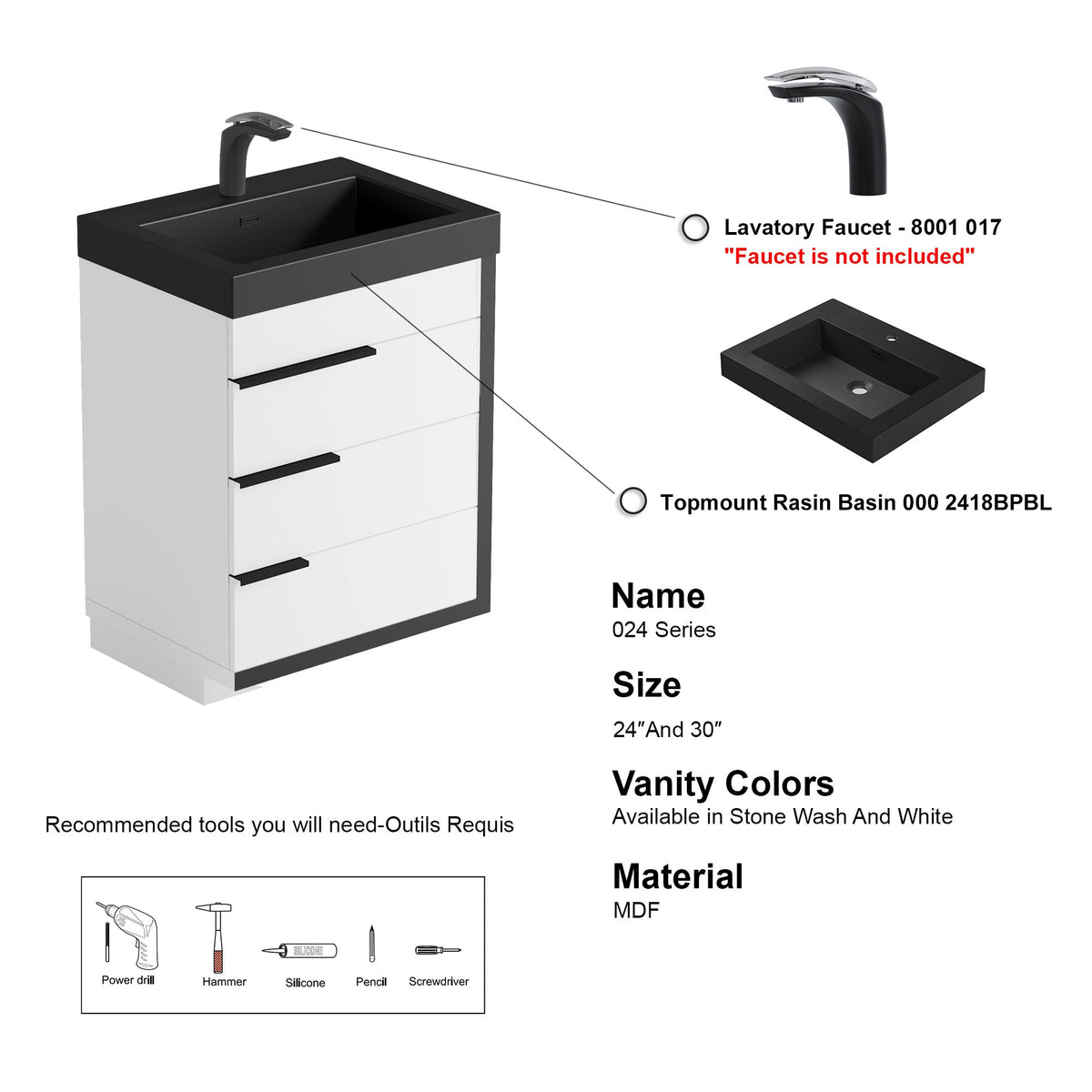 Dowell 24¡°(Single Bathroom Vanity Set- Freestanding Glossy White Vanity with Black Accents,Matte Black Resin Basin,Three Soft-Close Drawers - 024 Series