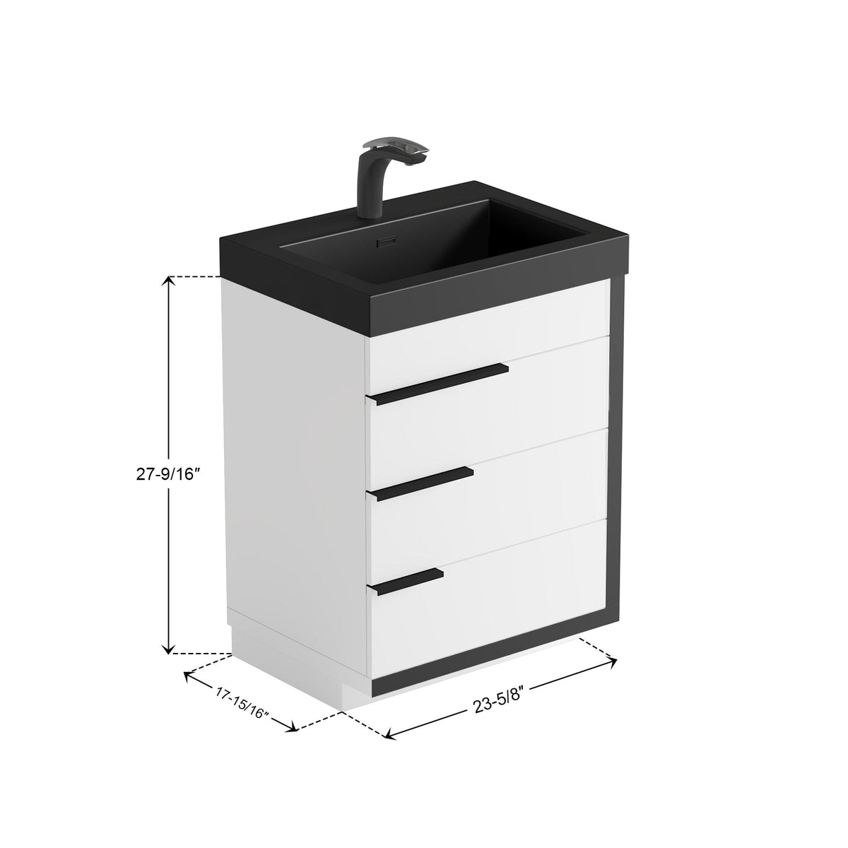 Dowell 24¡°(Single Bathroom Vanity Set- Freestanding Glossy White Vanity with Black Accents,Matte Black Resin Basin,Three Soft-Close Drawers - 024 Series