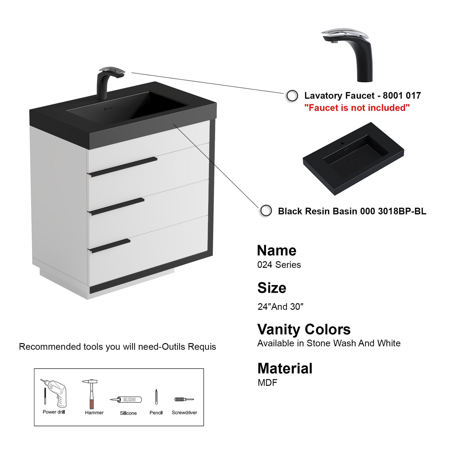 Dowell 30¡°(Single Bathroom Vanity Set- Freestanding Glossy White Vanity with Black Accents,Matte Black Resin Basin,Three Soft-Close Drawers - 024 Series