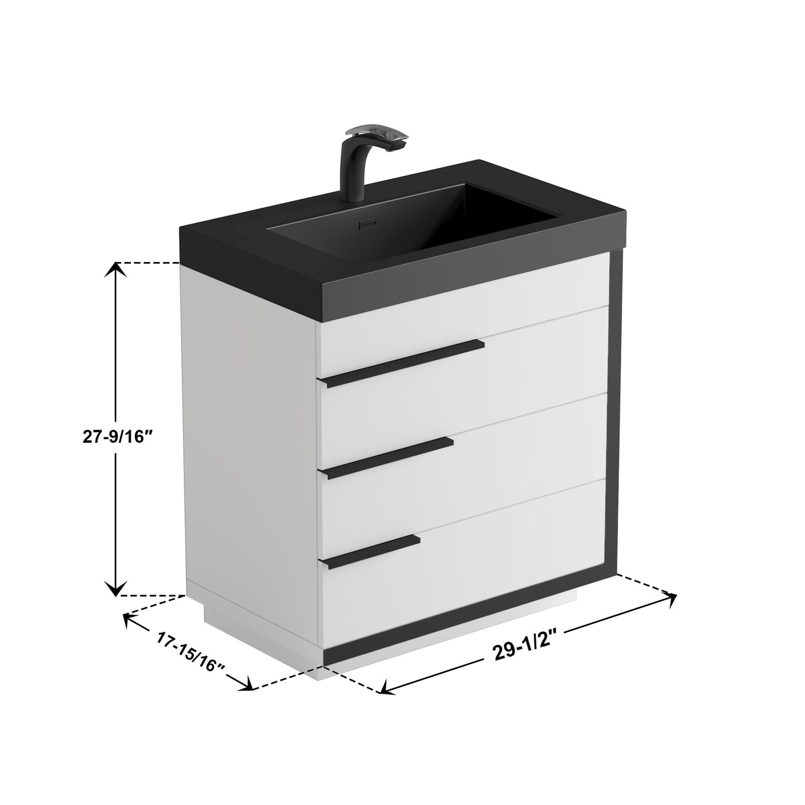Dowell 30¡°(Single Bathroom Vanity Set- Freestanding Glossy White Vanity with Black Accents,Matte Black Resin Basin,Three Soft-Close Drawers - 024 Series