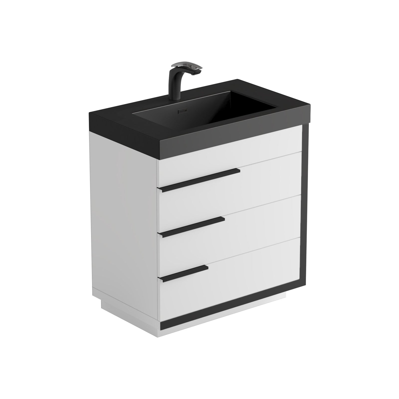 Dowell 30¡°(Single Bathroom Vanity Set- Freestanding Glossy White Vanity with Black Accents,Matte Black Resin Basin,Three Soft-Close Drawers - 024 Series