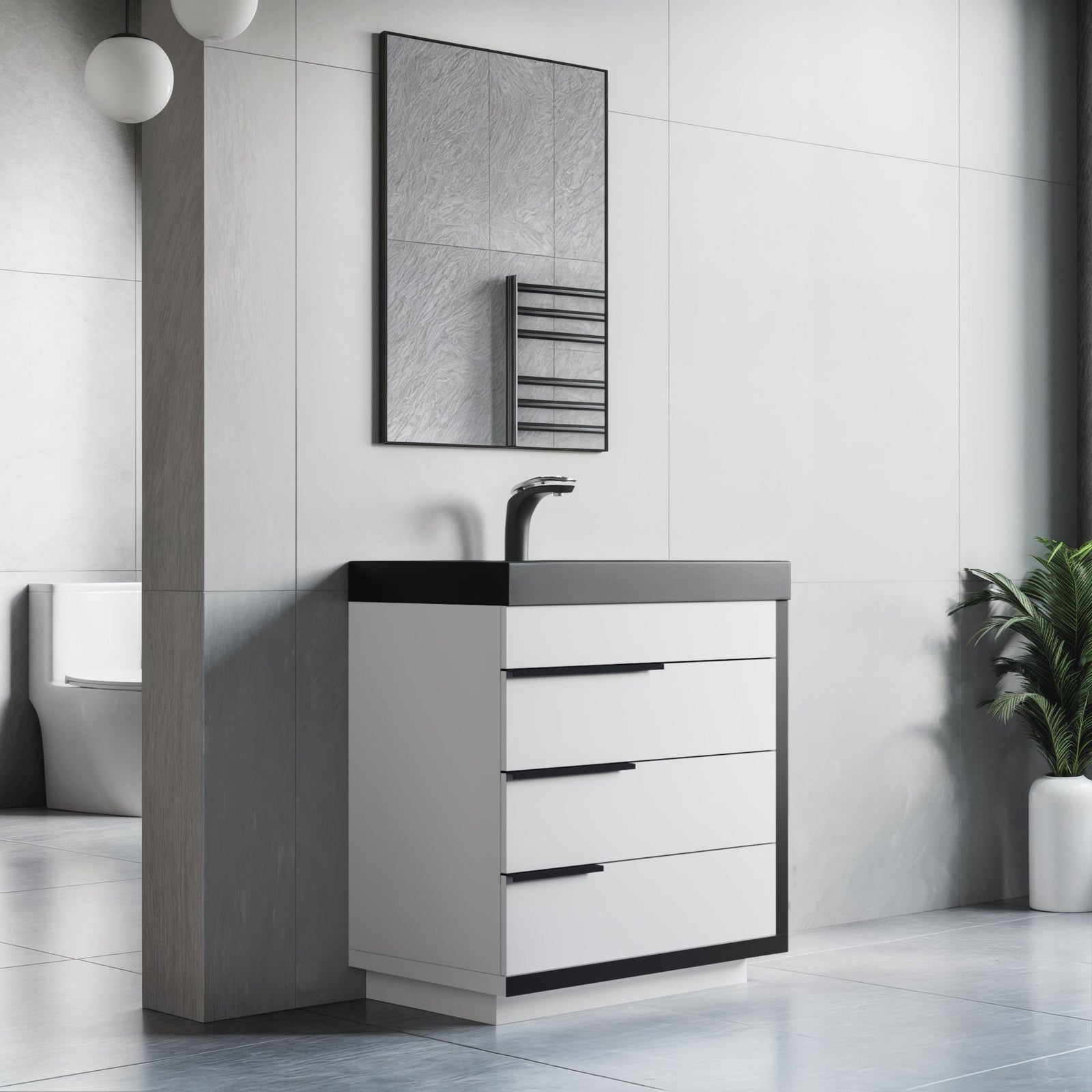Dowell 30¡°(Single Bathroom Vanity Set- Freestanding Glossy White Vanity with Black Accents,Matte Black Resin Basin,Three Soft-Close Drawers - 024 Series
