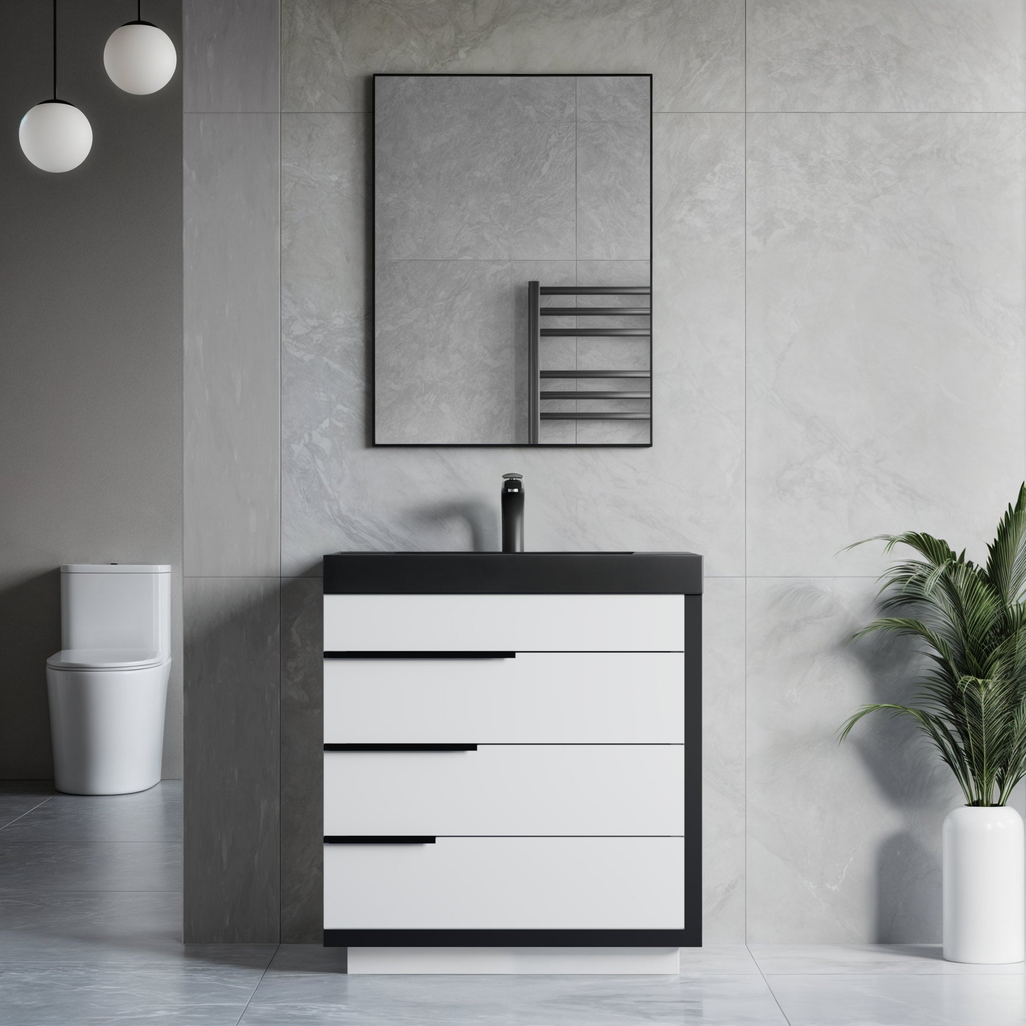 Dowell 30¡°(Single Bathroom Vanity Set- Freestanding Glossy White Vanity with Black Accents,Matte Black Resin Basin,Three Soft-Close Drawers - 024 Series