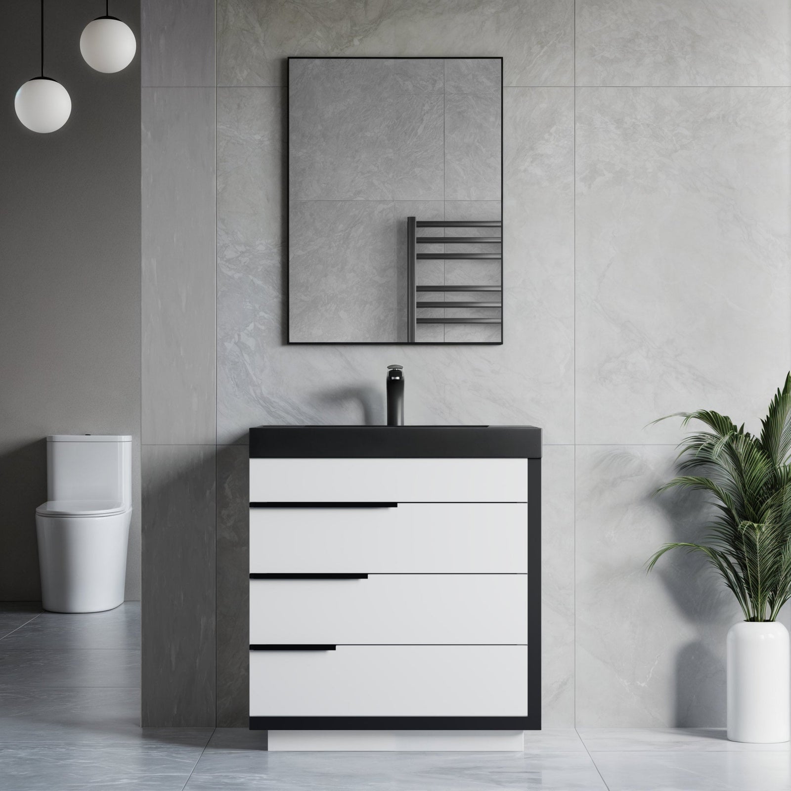 Dowell 30¡°(Single Bathroom Vanity Set- Freestanding Glossy White Vanity with Black Accents,Matte Black Resin Basin,Three Soft-Close Drawers - 024 Series