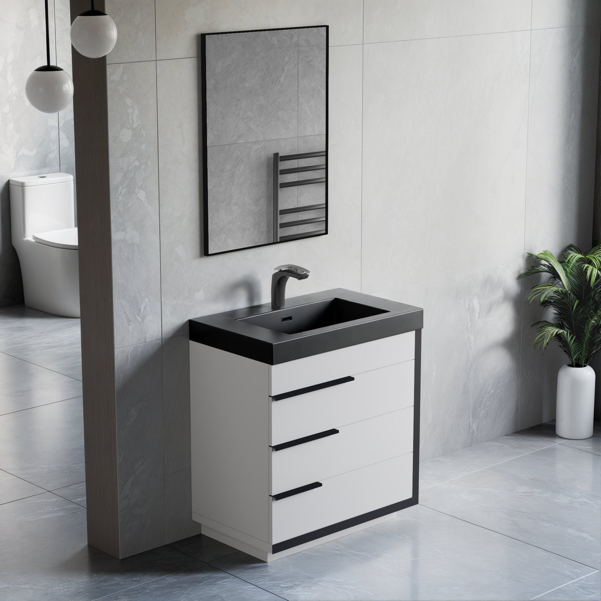 Dowell 30¡°(Single Bathroom Vanity Set- Freestanding Glossy White Vanity with Black Accents,Matte Black Resin Basin,Three Soft-Close Drawers - 024 Series