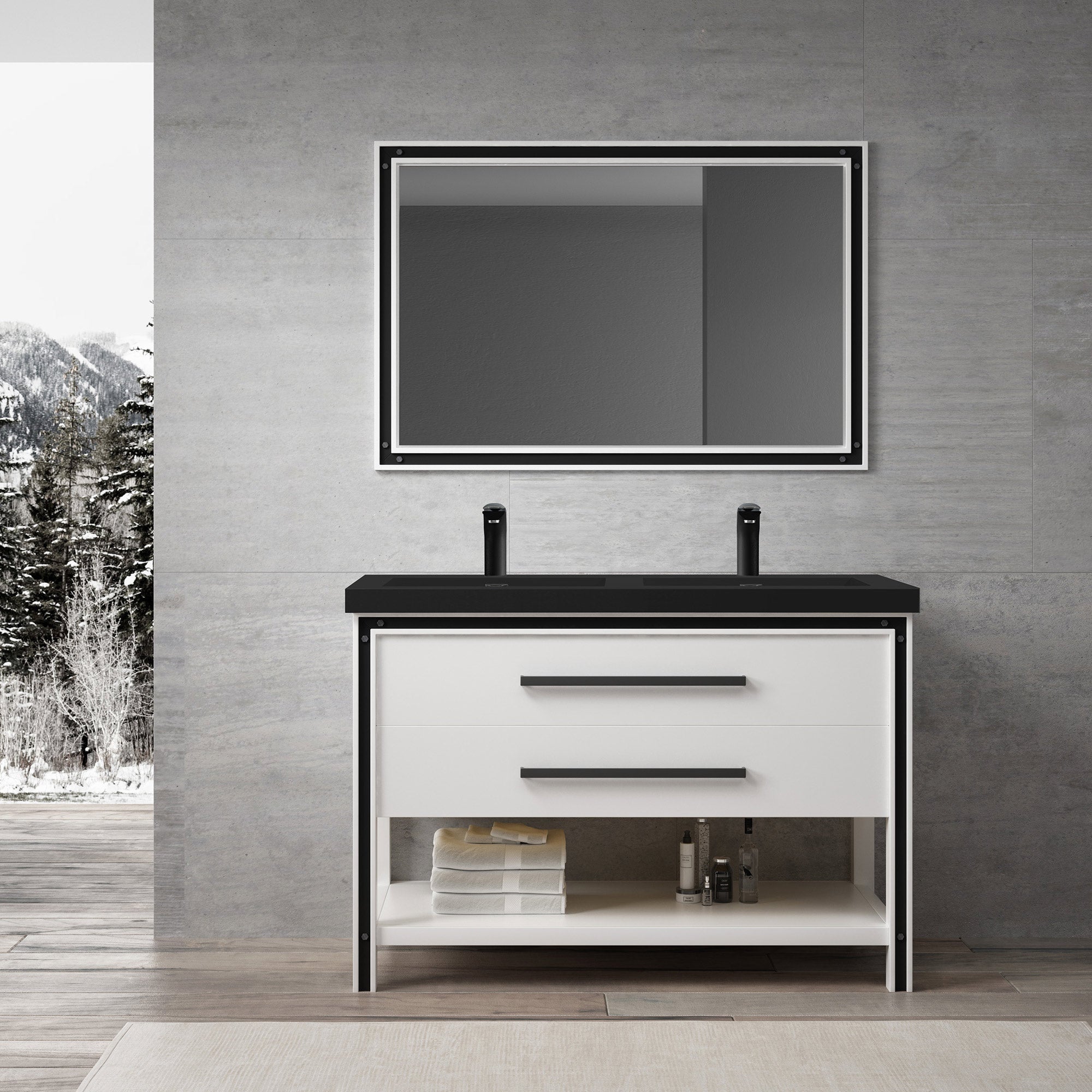 Dowell 48" Freestanding Black Bathroom Vanity with Double Basin - One/Two Soft-Close Drawers and One/Two Open Shelves - 028 Series