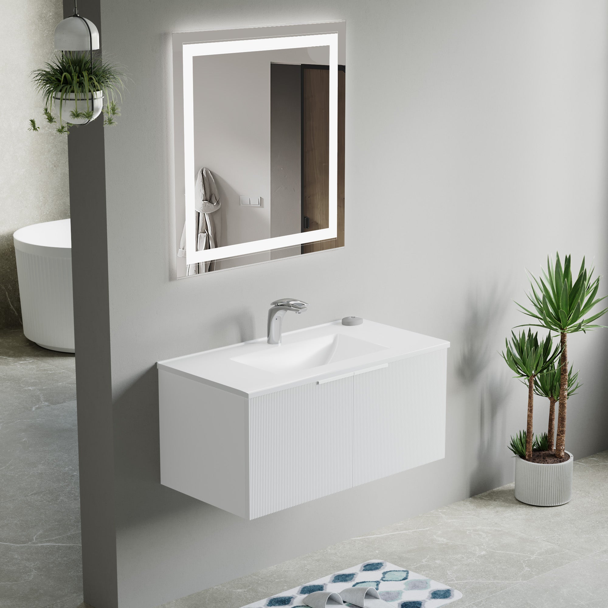 Dowell 36" Wall-Mounted/Floating Fluted Bathroom Vanity with Single Basin ¡°(Two Soft-Close Doors - 032 36 Series