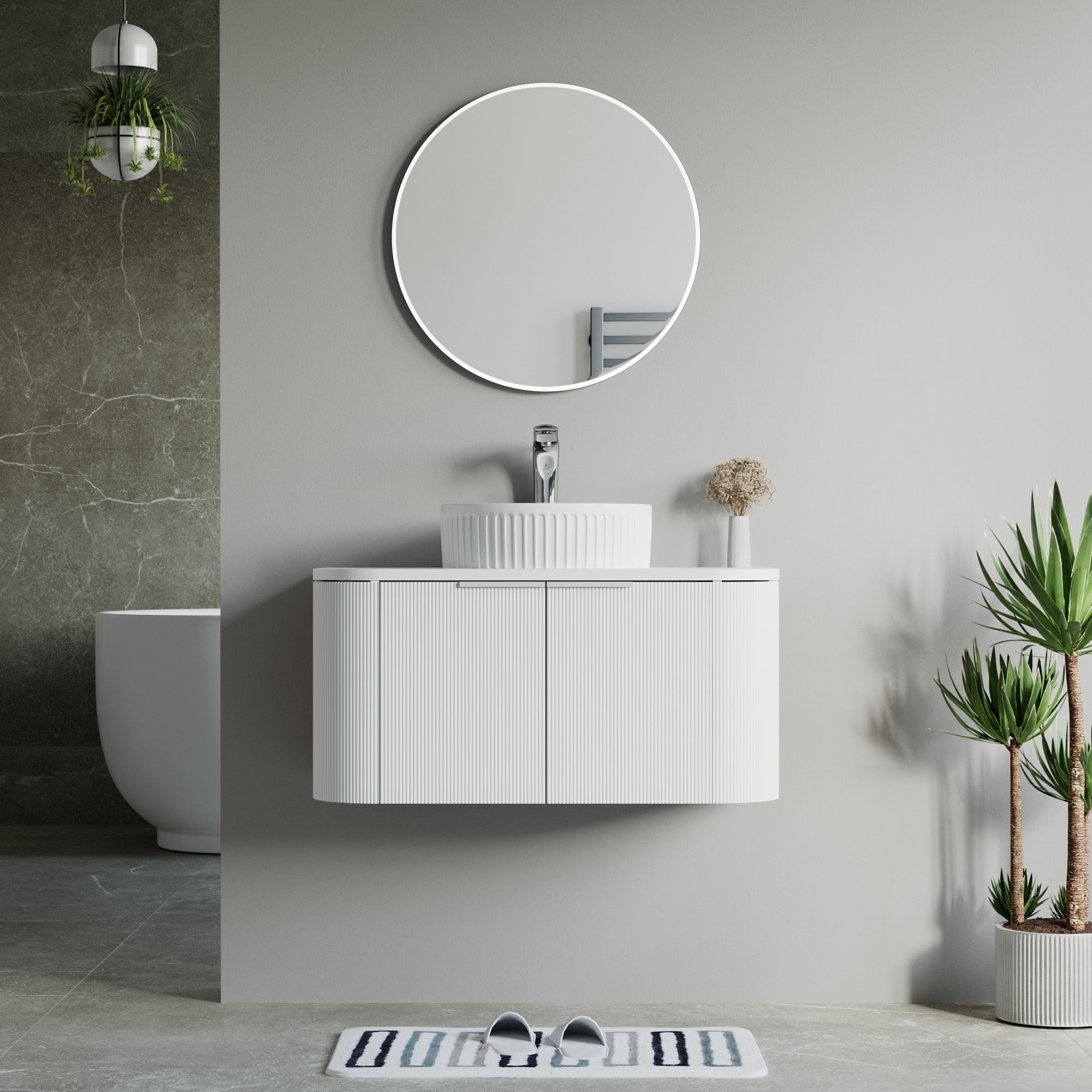 Dowell 36" Wall-Mounted/Floating Fluted Bathroom Vanity Combination Set - One 24" Fluted Base Vanity, Two Fluted Arc Sides, One Sintered Stone Top, One Fluted Vessel Sink - 032 36R Series