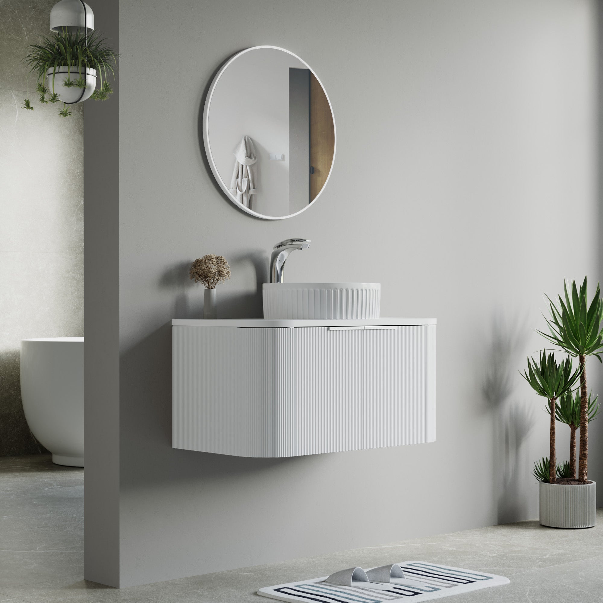 Dowell 36" Wall-Mounted/Floating Fluted Bathroom Vanity Combination Set - One 24" Fluted Base Vanity, Two Fluted Arc Sides, One Sintered Stone Top, One Fluted Vessel Sink - 032 36R Series