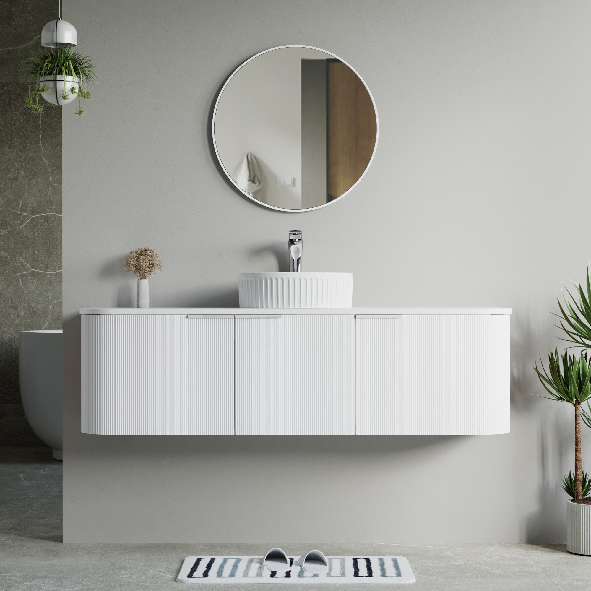 Dowell 60" Wall-Mounted/Floating Fluted Bathroom Vanity Combination Set - One 48" Fluted Base Vanity, Two Fluted Arc Sides, One Sintered Stone Top, One/Two One Fluted Vessel Sinks - 032 60R Series