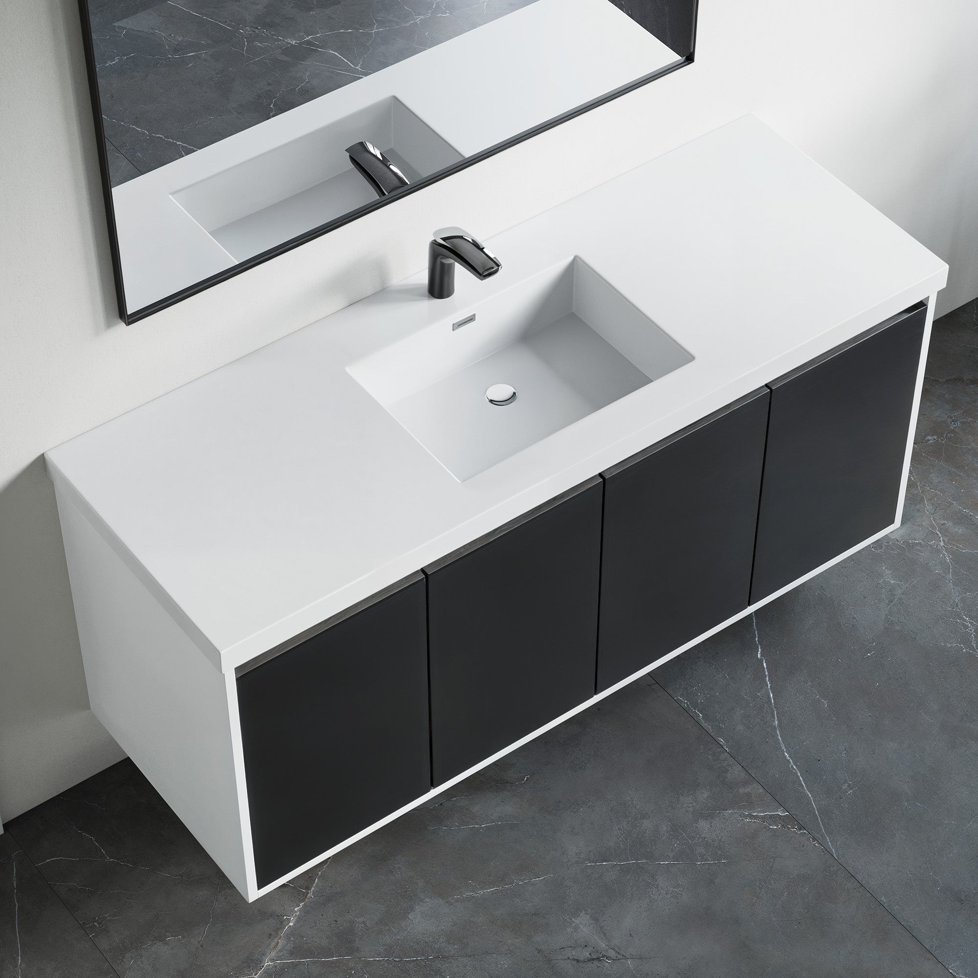 Dowell 60" Wall-Mounted or Freestanding Bathroom Vanity Set ¡°(White Assembled Vanity Base with 4 Soft-Close Doors & White Resin Single Basin Sink - 057 60 Series